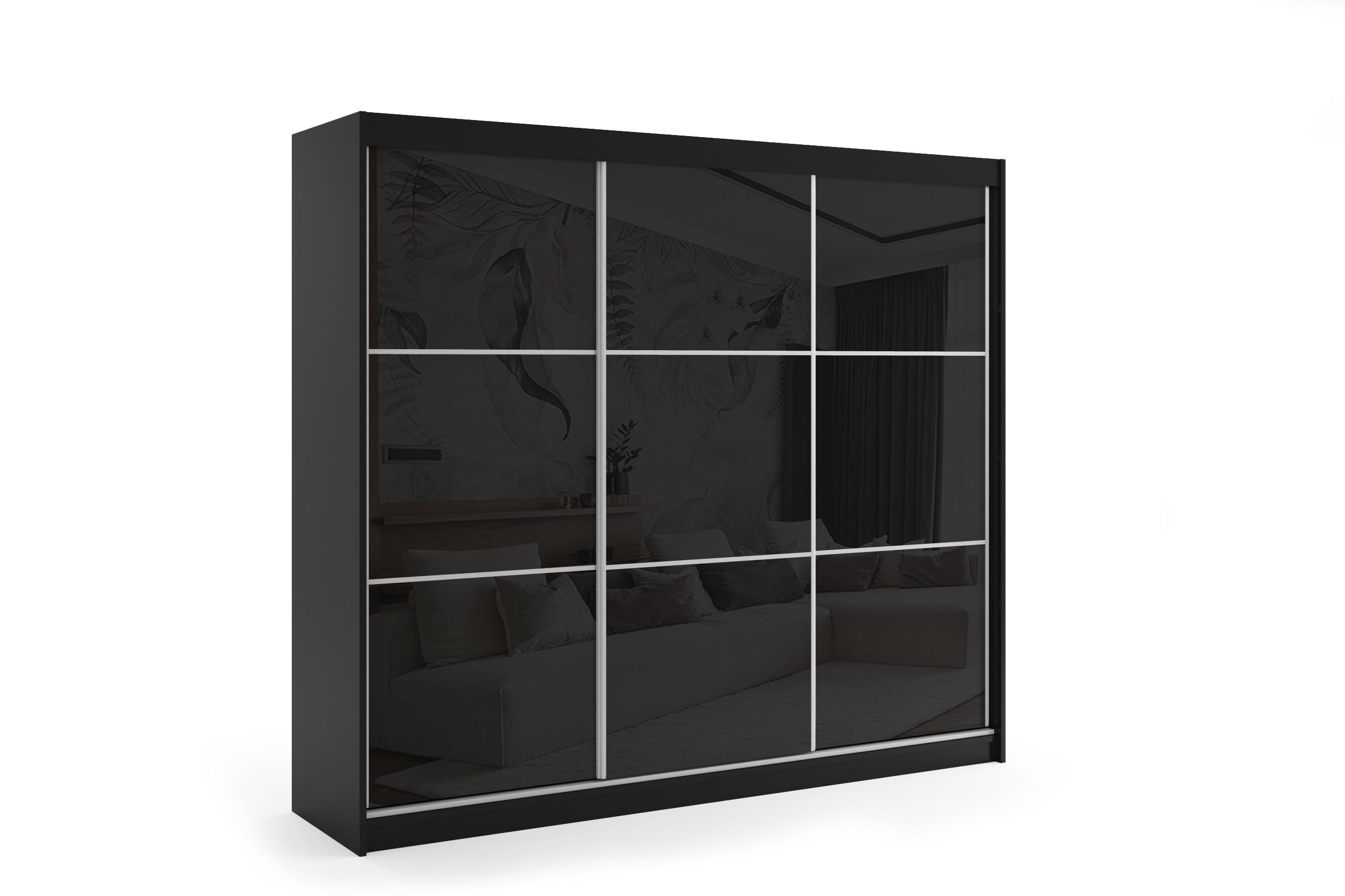 KLEIDERSCHRANK mit Lacobel-Schiebetüren und Aluminium- Leisten, LED-Beleuchtung - VIVI - 240 cm Schwarz - Schwarz, Holzwerkstoff (240/216/61cm) - ALTDECOR