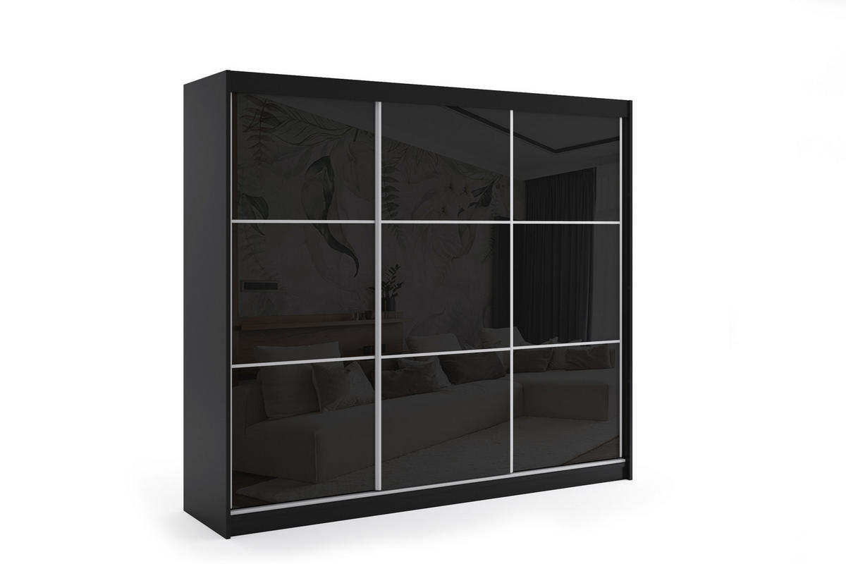 KLEIDERSCHRANK mit Lacobel-Schiebetüren und Aluminium- Leisten, LED-Beleuchtung - VIVI - 240 cm Schwarz - Schwarz, Holzwerkstoff (240/216/61cm) - ALTDECOR