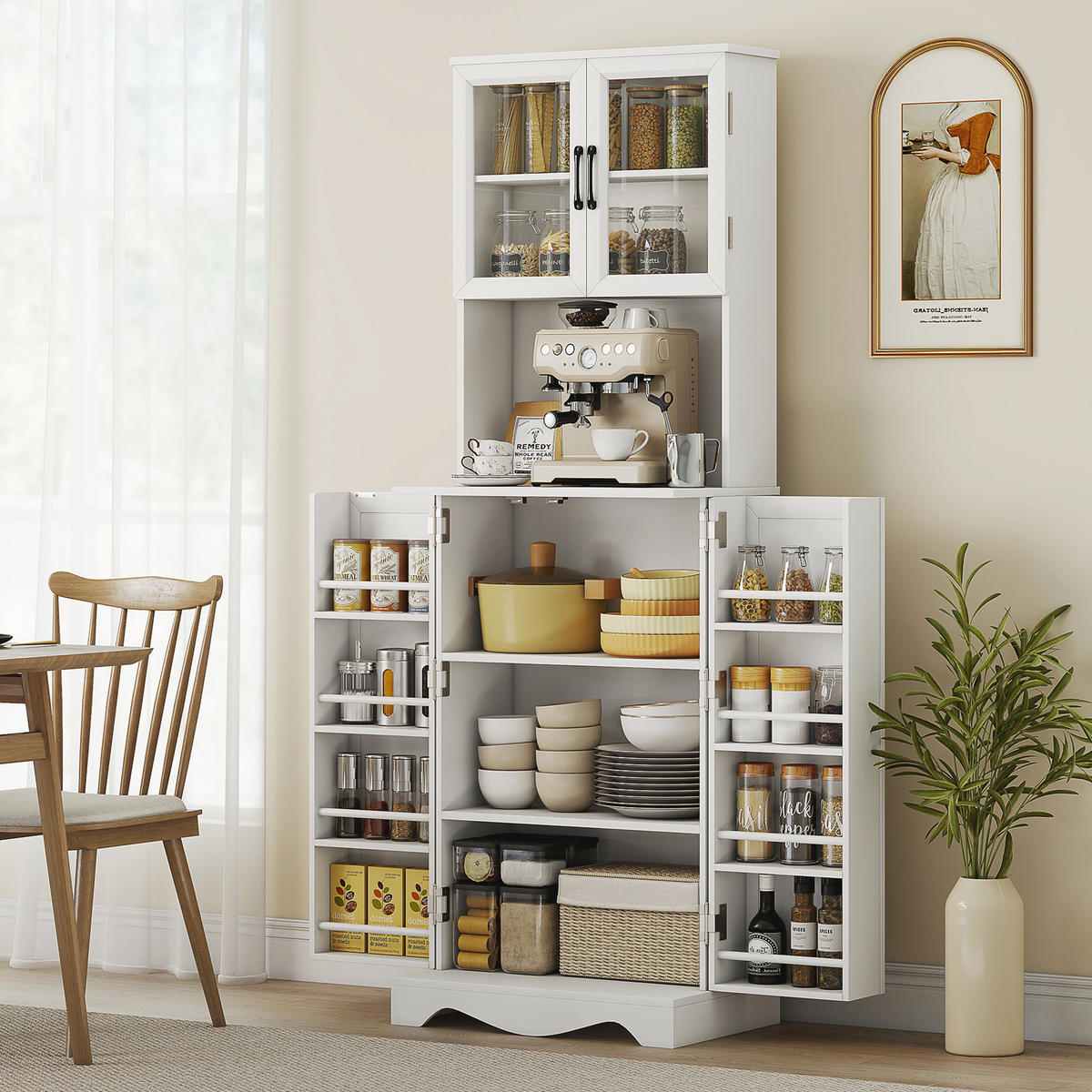 MEHRZWECKSCHRANK DE-11293 4 Türen & 8 Gewürzregale mit Arbeitsplatte Weiß - Weiß, Holzwerkstoff (39.5/179.6/60cm) - ComfortXL