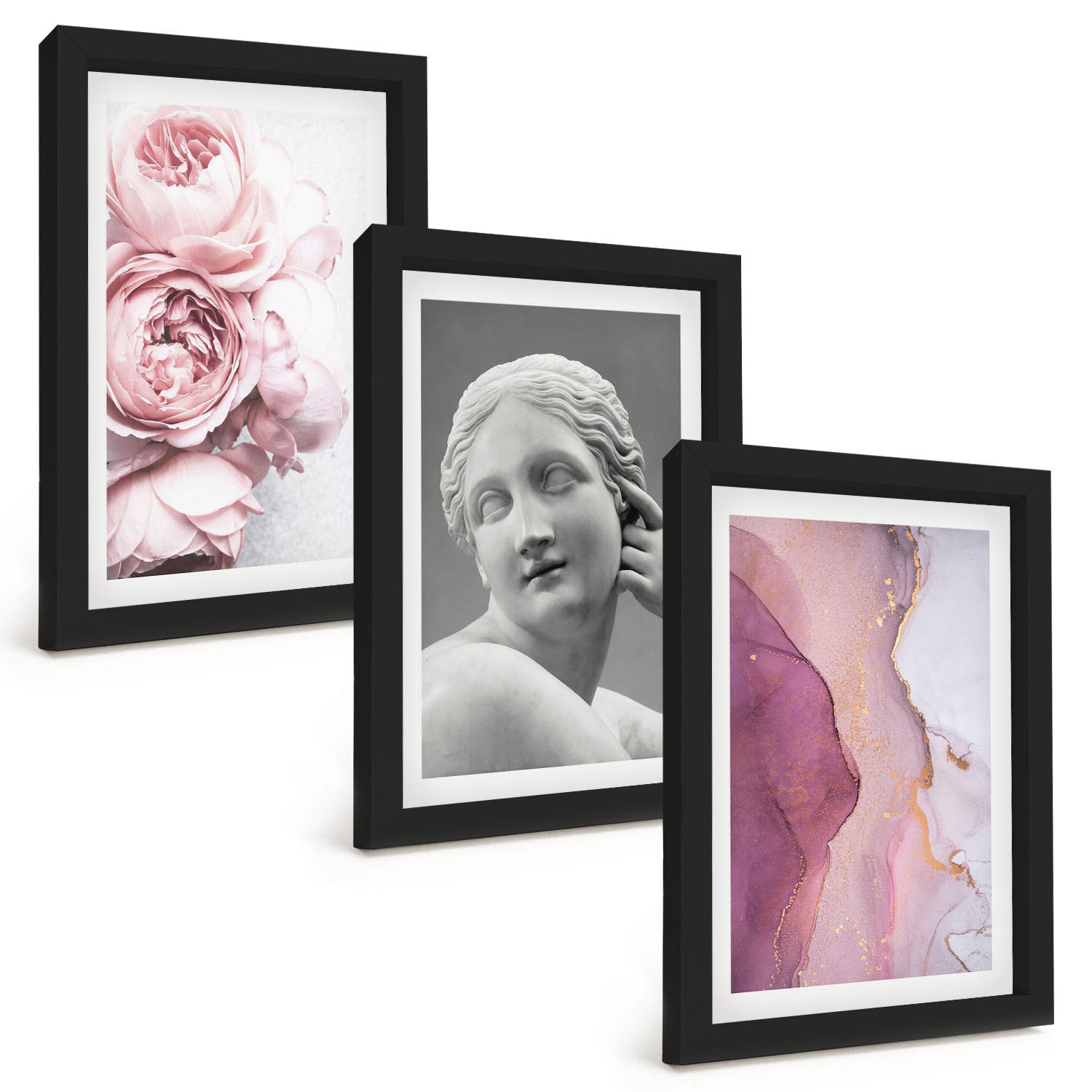 BILDER SET 3er Set - 20x30 cm Schwarzer Rahmen - Pfingstrosen abstrakte Frauenskulptur - Schwarz, Kunststoff (20/30cm) - TULUP
