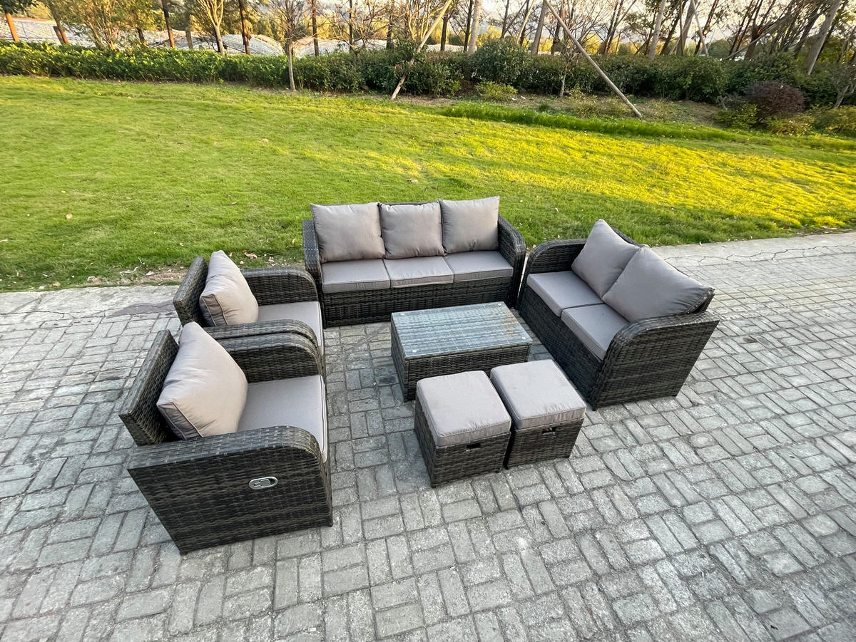 GARTENMÖBELSET mit Couchtisch Polyrattan 9-Sitzer - Dunkelgrau/Grau, Glas/Kunststoff - Fimous