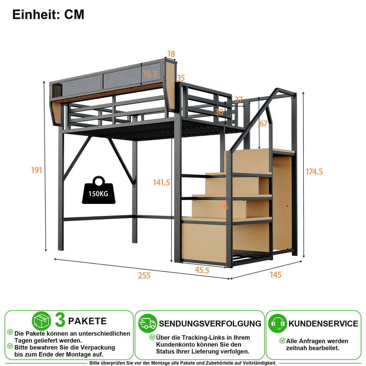 VYSOKÁ POSTEL 140/200 cm v černé barvě se žebříkem a policí - černá, kov/kompozitní dřevo (140/200cm) - CHICFURN