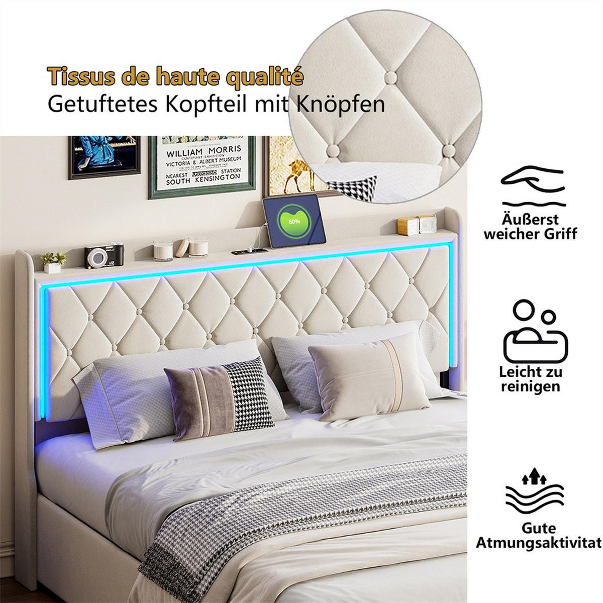 POLSTERBETT 160x200cm mit hydraulischem Stauraum - LED Beleuchtung & Ladefunktion - ohne Matratze - Beige - Beige, Textil (160/200cm) - DELFA