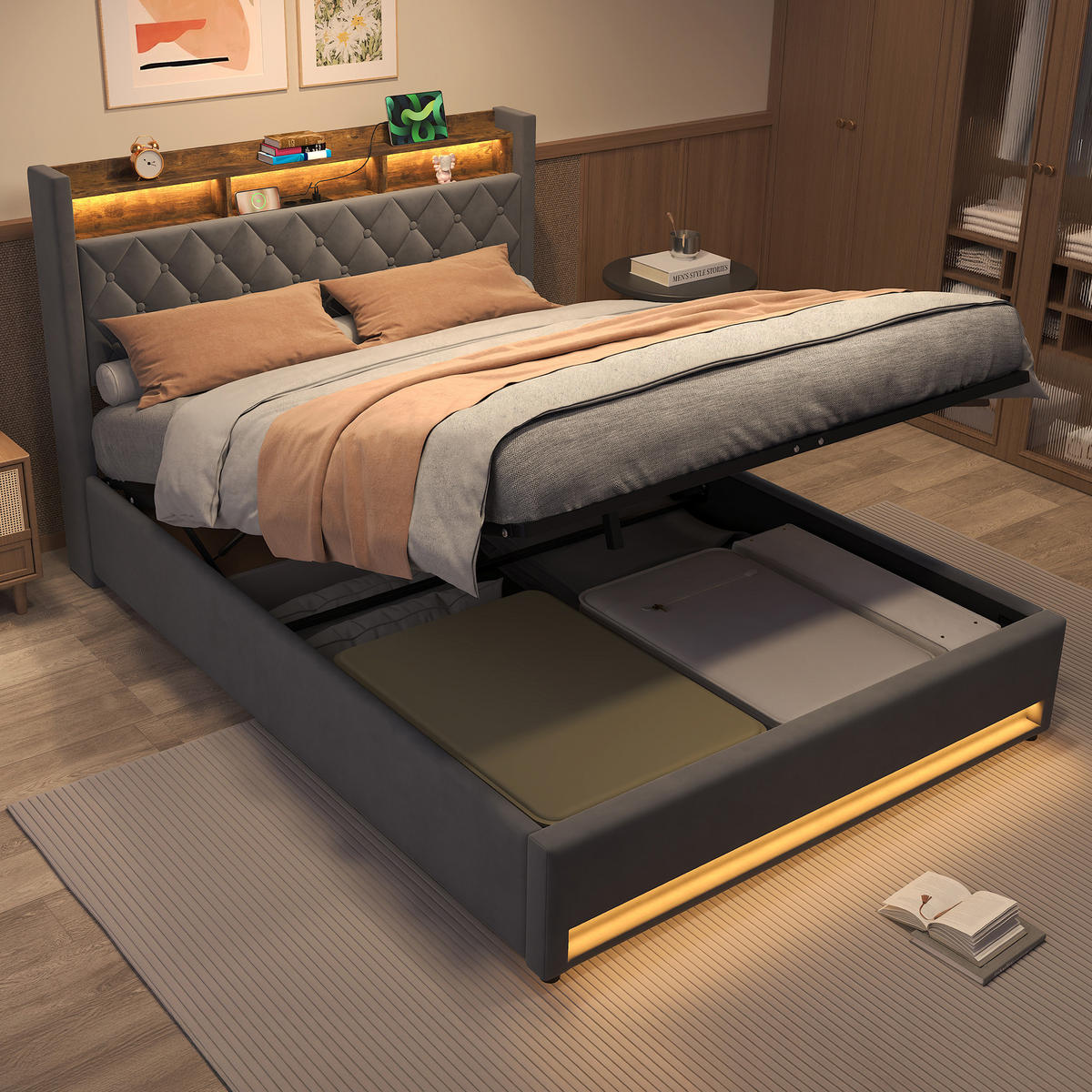 POLSTERBETT 180/200 cm in Grau Samt mit Bettkasten, LED-Beleuchtung und USB-Anschluss - Grau, Holzwerkstoff/Textil (180/200cm) - CHICFURN