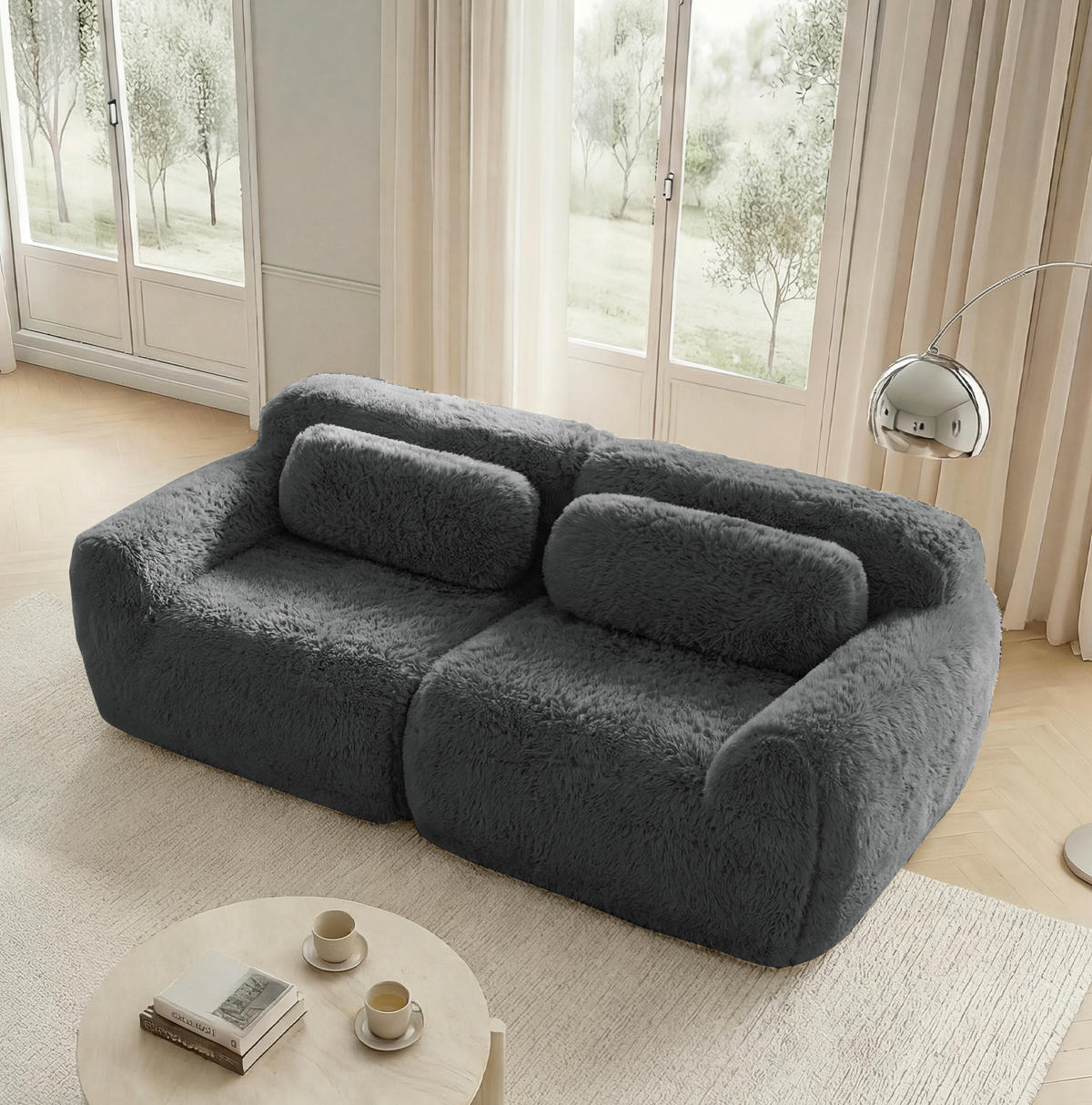 2-SITZER Sofa aus Plüsch mit modularem rahmenlosem Design Grau - Grau, Textil (104/73/204cm) - Modenvie