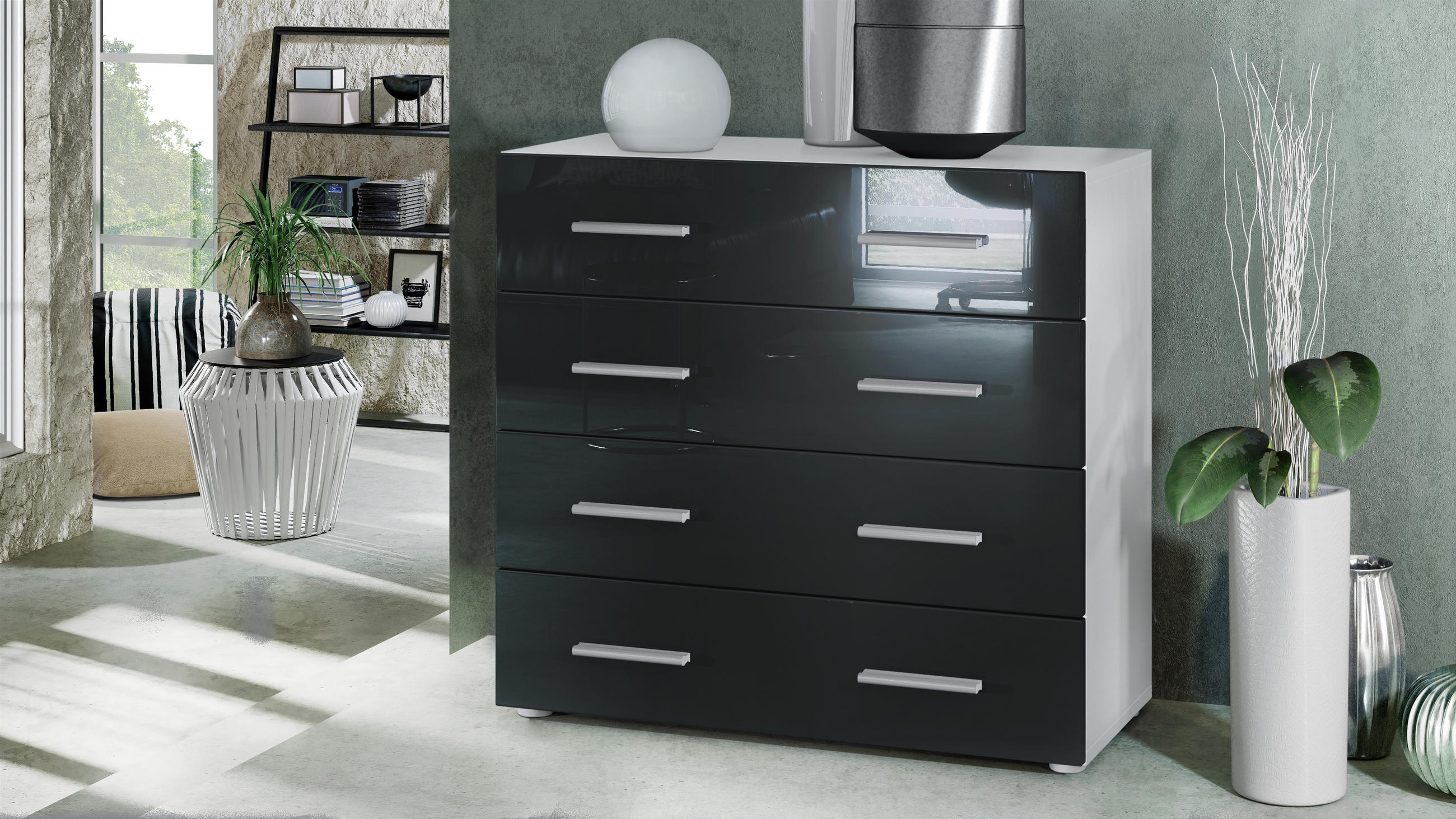 KOMMODE Pavos Schwarz Hochglanz - Schwarz Hochglanz, Holzwerkstoff (76/72/35cm) - Vladon