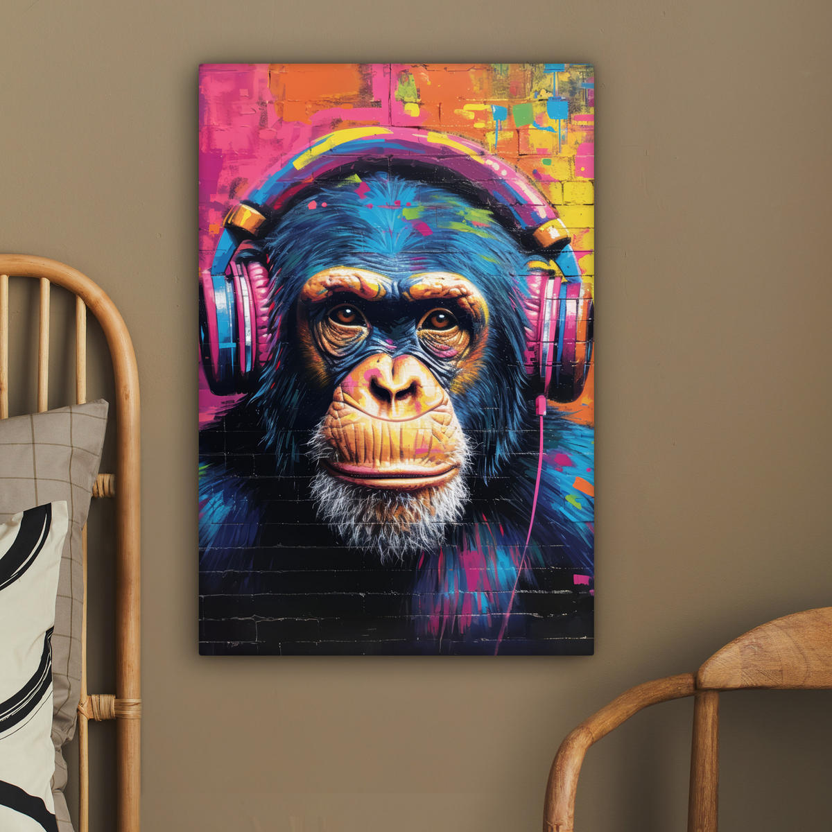 LEINWANDBILD Graffiti - Schimpanse - Straßenkunst - Kopfhörer - Affe 40x60 cm - Blau, Textil (40/60cm) - MuchoWow