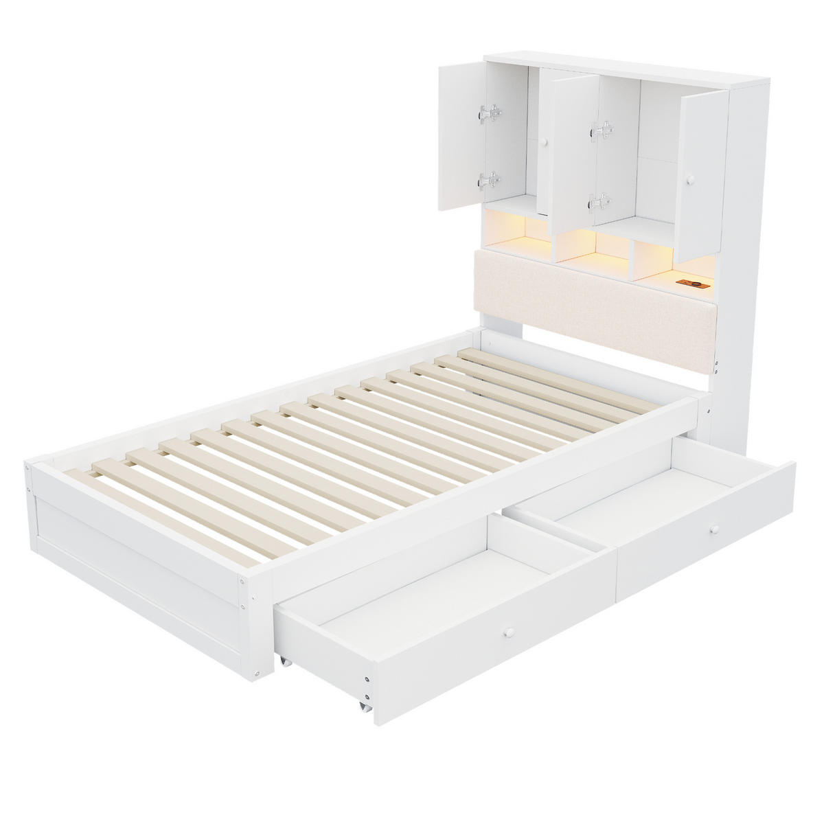 STAURAUMBETT 90/200 cm mit Stauraum, LED und 2 Schubladen, DE-41627, in Weiß - Weiß, Holzwerkstoff (90/200cm) - ComfortXL