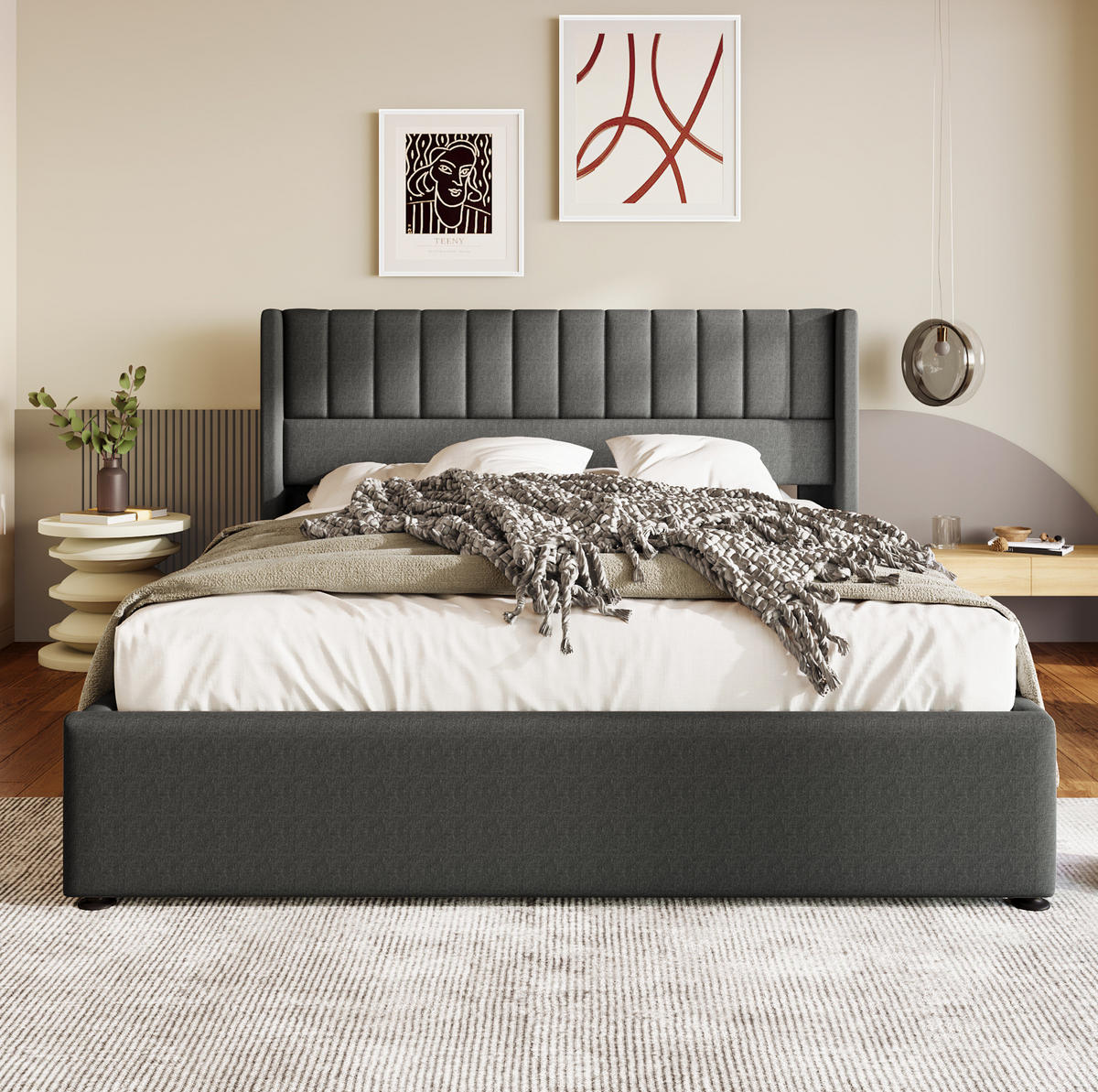 BETT mit Bettkasten 140x200 cm Leinen Grau inklusive Matratze - Grau, Metall (140/200cm) - Meubliv