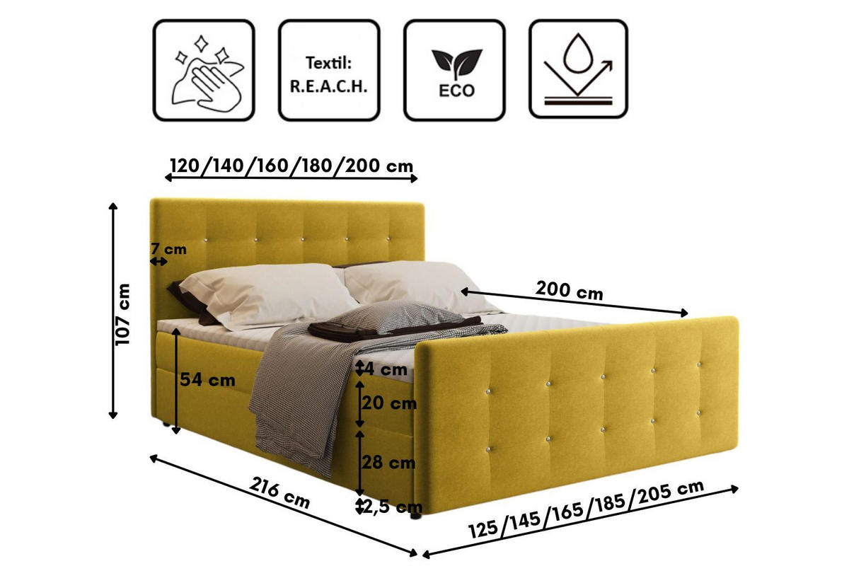 BOXBETT Mit Bettkasten Matratze Topper AMOR Gelb 120x200 cm H3-Bonell - Gelb, Holz/Textil (120/200cm) - Kaiser Möbel