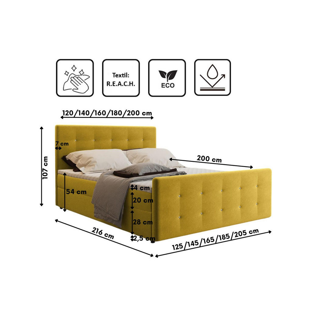 Thumbnail - Kaiser Möbel Boxbett, Gelb, Textil, H3, Höhe ca. 20 cm, 120x200 cm, Oeko-Tex® Standard 100, Schlafzimmer, Betten, Boxspr...
