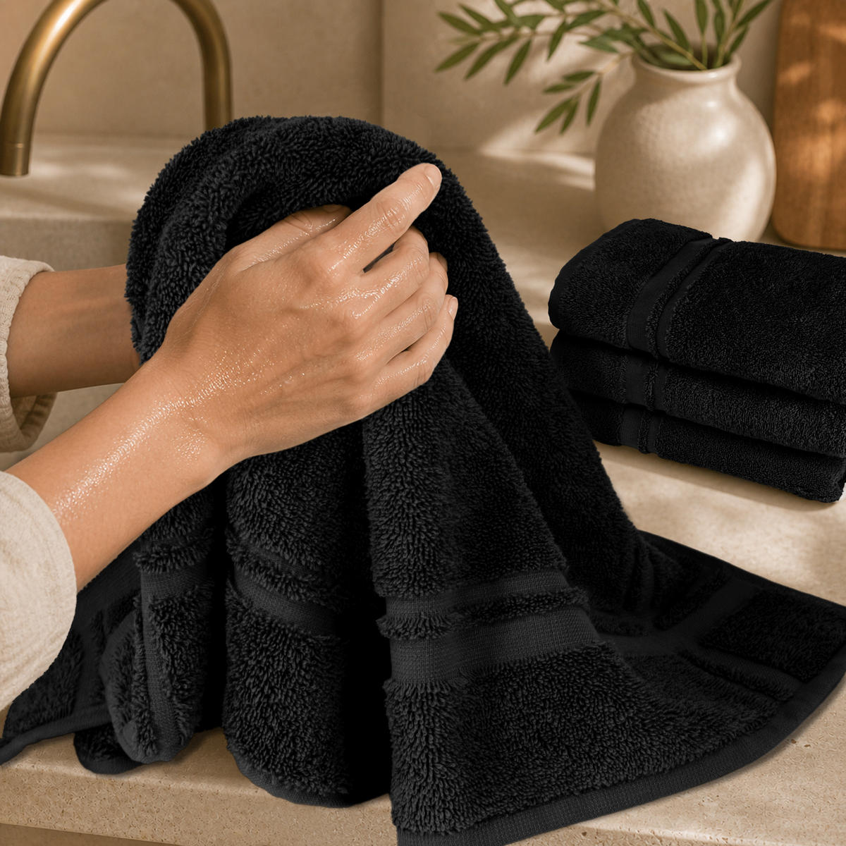 FROTTEE Küchenhandtücher 50x50 cm, 4er Set, Schwarz - Schwarz, Textil (50/50cm) - Lashuma