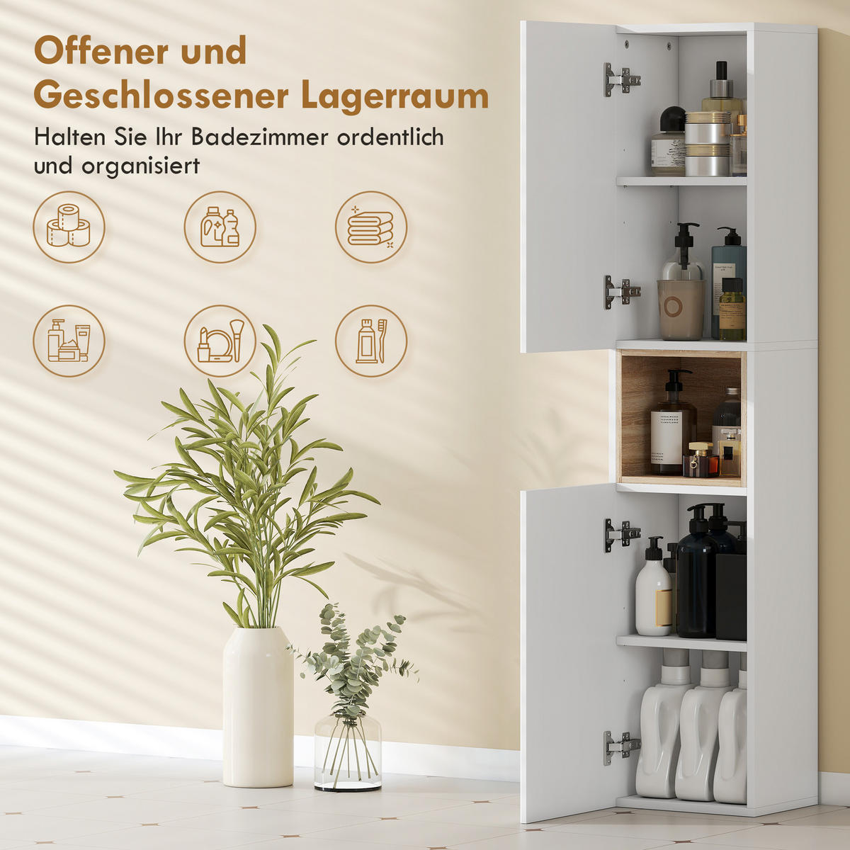 BADEZIMMERSCHRANK aus MDF 30/24/140 cm Weiß - Weiß, Holzwerkstoff (24/140/30cm) - HOMCOM
