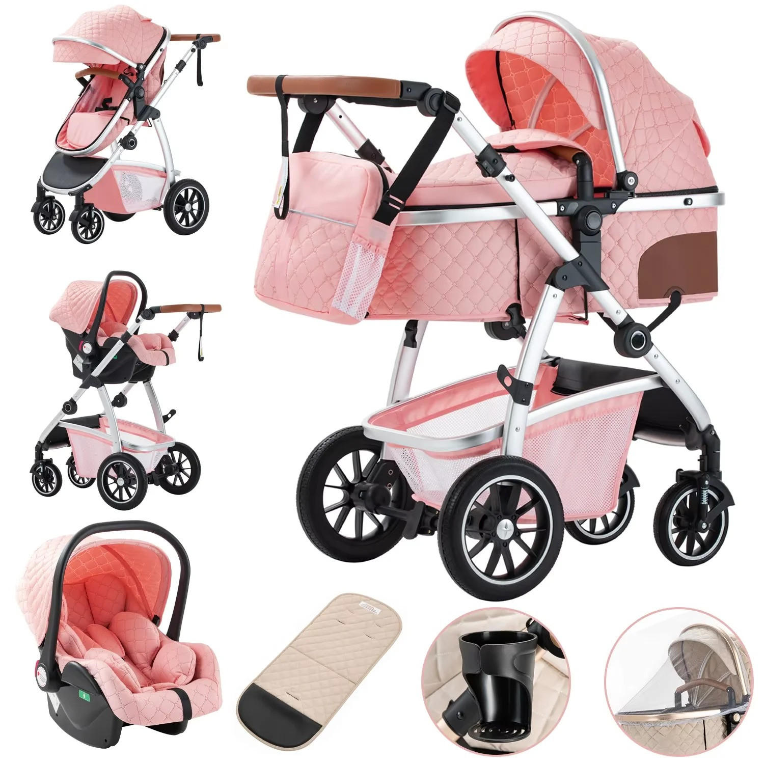 KINDERWAGENSET mit hoher Landschaft, verstellbarer Griff, Moskitonetz, Kinderwagen, Aluminiumrahmen, SK20-ROSA - Pink, Metall (80/60cm) - Kaket