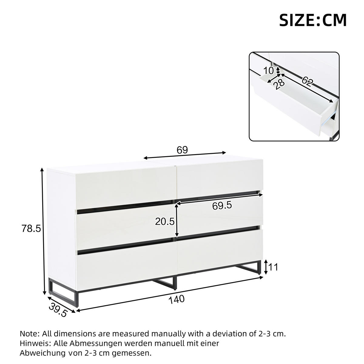 SIDEBOARD 140/39,5/78,5 cm, 6 Schubladen, Hochglanz-Fronten, Weiß/Schwarz - Weiß, Holzwerkstoff (140/78.5/39.5cm) - Redom
