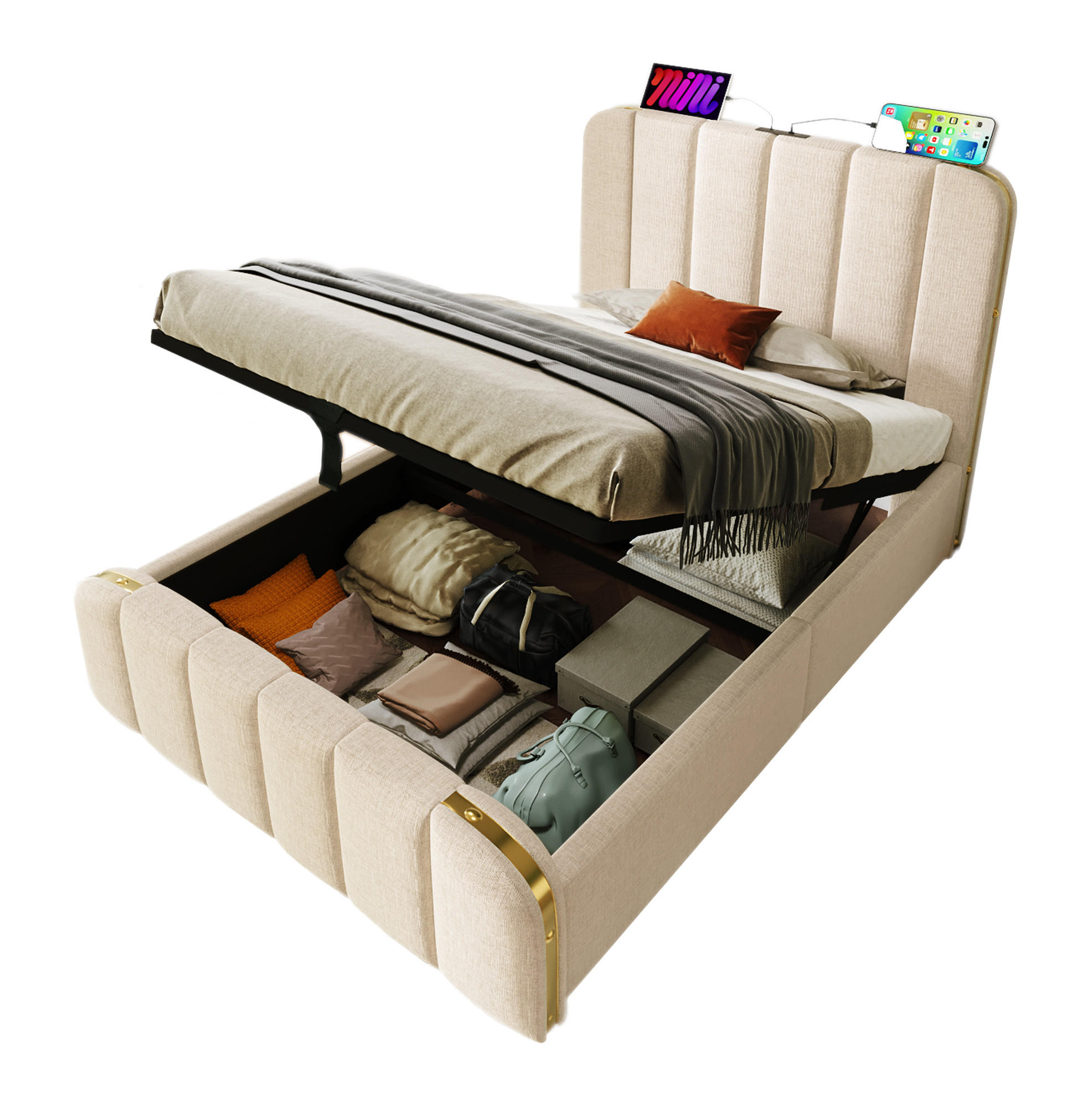 BETT mit Stauraum und USB/Typ-C 90x200 cm Leinen Beige - Beige, Metall (90/200cm) - Meubliv