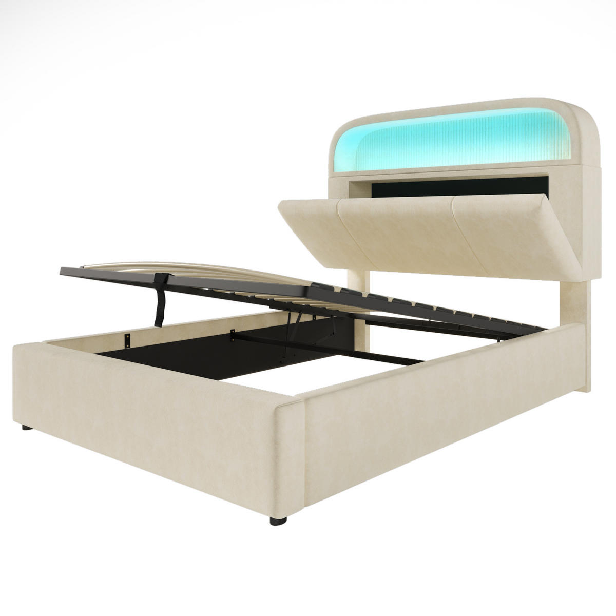 POLSTERBETT 90/200 cm Beiger mit Stauraum-Kopfteil und LED-Beleuchtung mit Matratze - Beige, Textil (90/200cm) - OKWISH