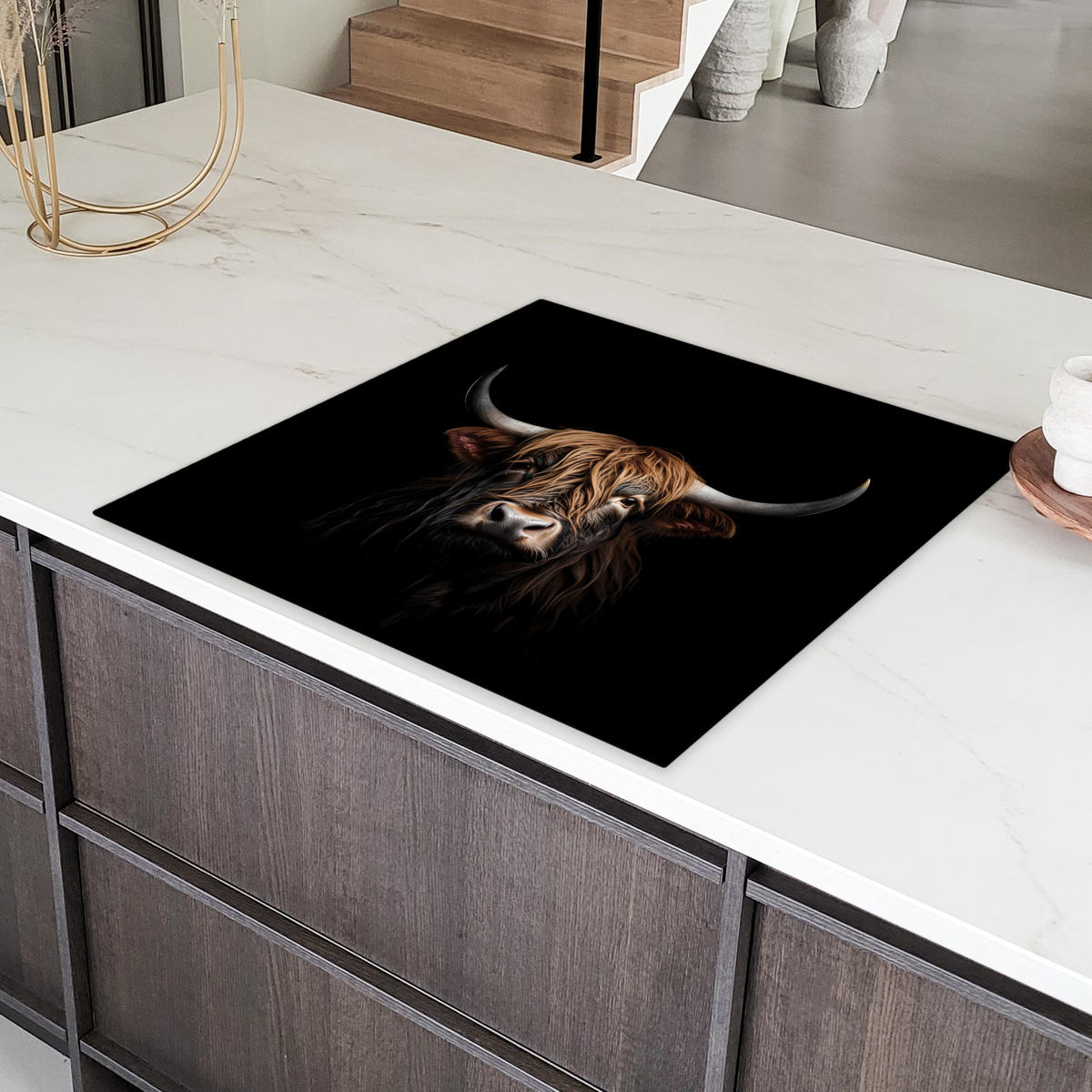 HERDABDECKPLATTE Schottischer Highlander - Porträt - Schwarz - Tier Induktionsmatte 78x78 cm - Braun, Kunststoff (78/78/0.2cm) - MuchoWow