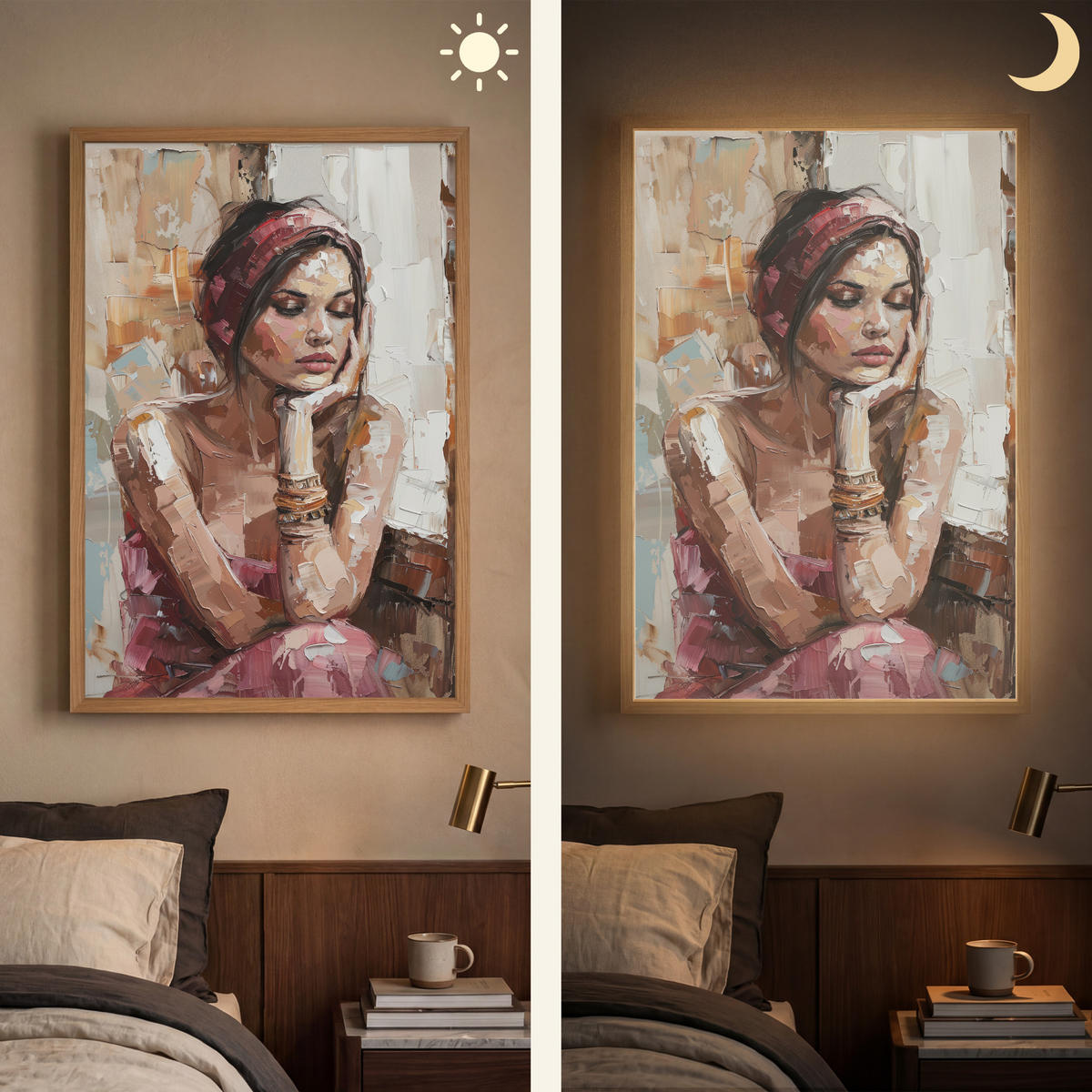 NÁSTĚNNÁ LAMPA S AKUMULÁTOREM Žena - vzhled malby - portrét - moderní 60x90 cm - hnědá, kompozitní dřevo (60/90/8cm) - OnlyWow