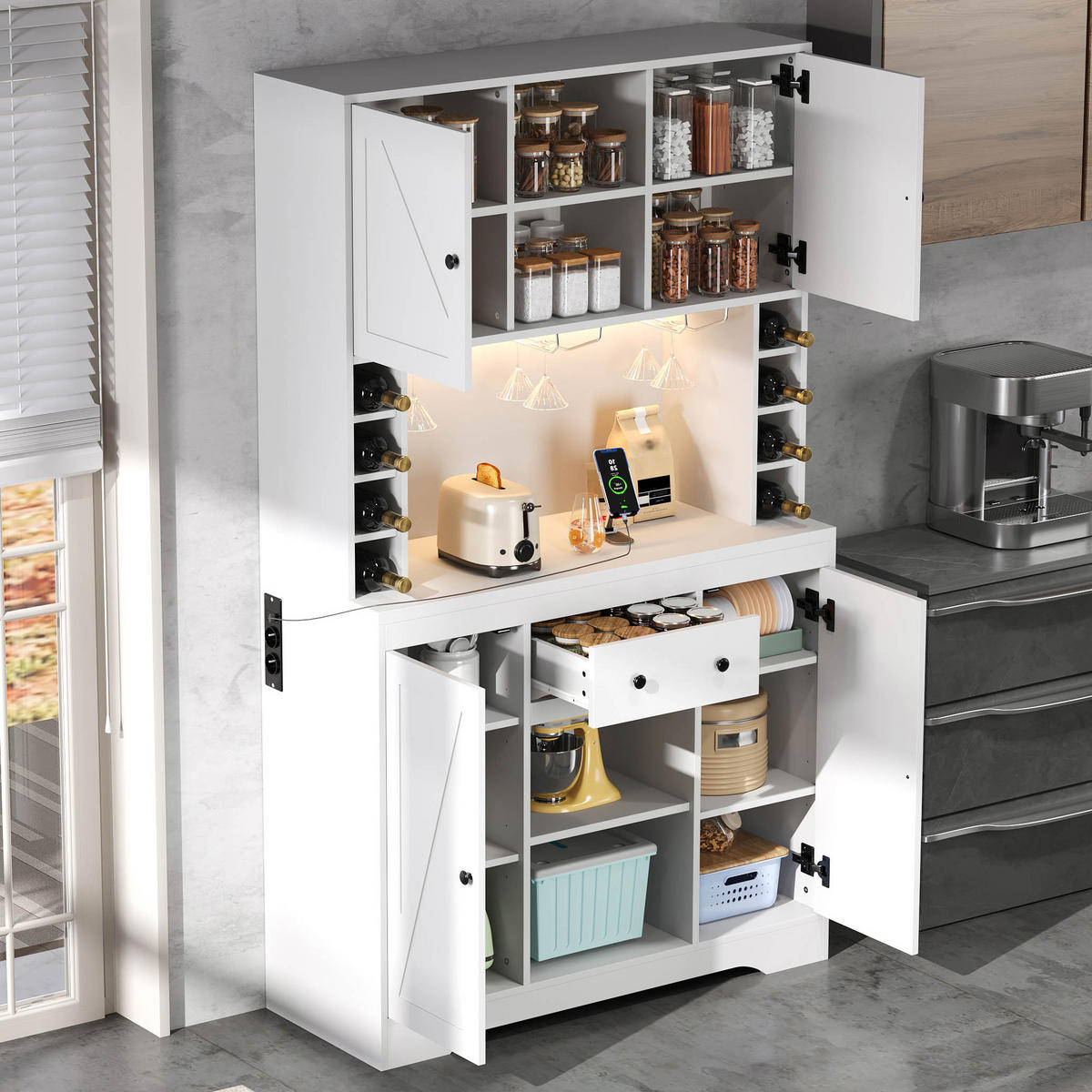 BUFFET 105/39/180 cm Weiß mit 1 Schublade, Weinflaschenfächern und farbwechselnder LED-Beleuchtung - Weiß, Holz (105/180/40cm) - Oxeza