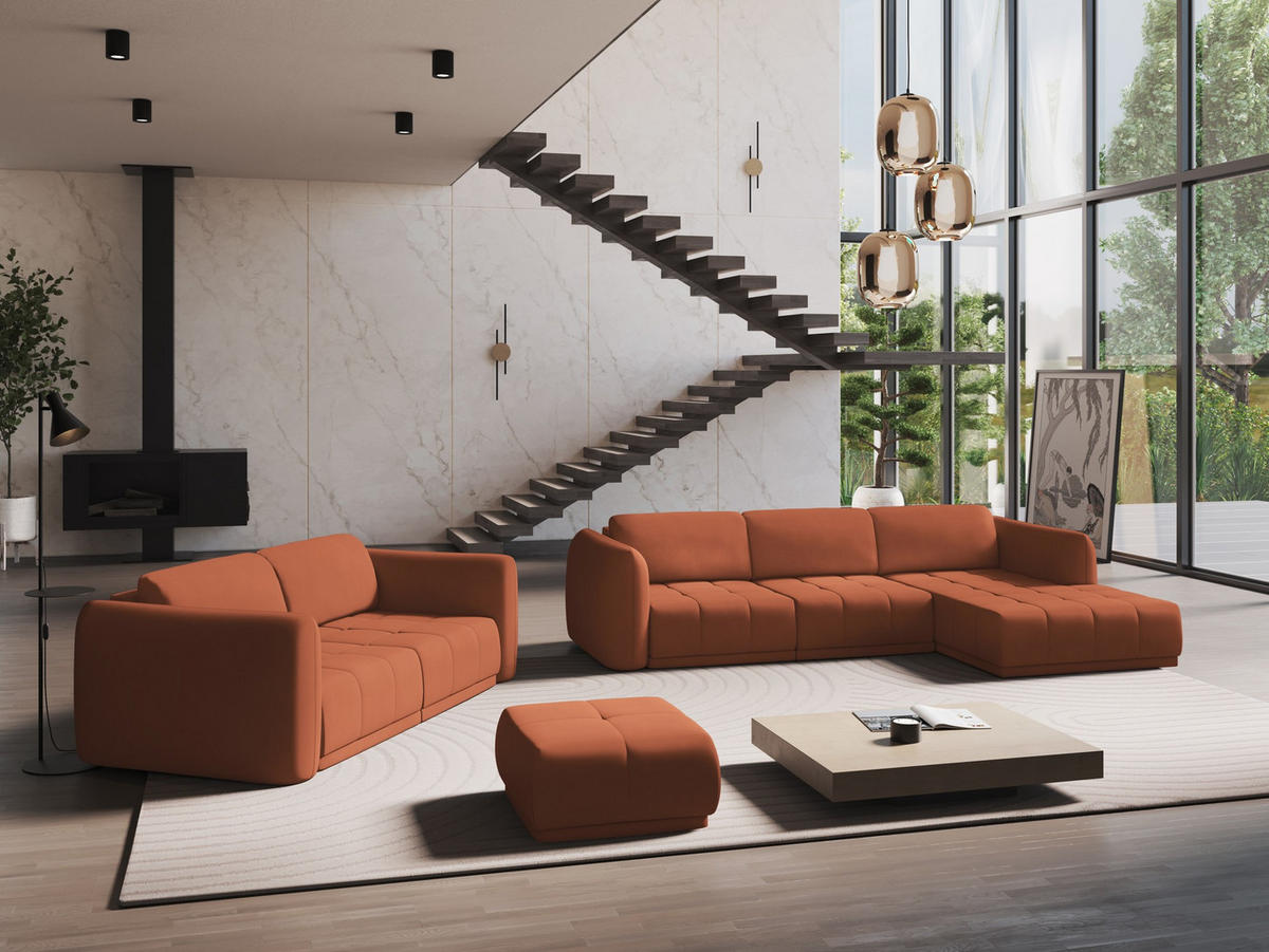POUF Chenille Stoff Orange - Terra cotta/Schwarz, Kunststoff/Textil (60/35/60cm) - Makamii