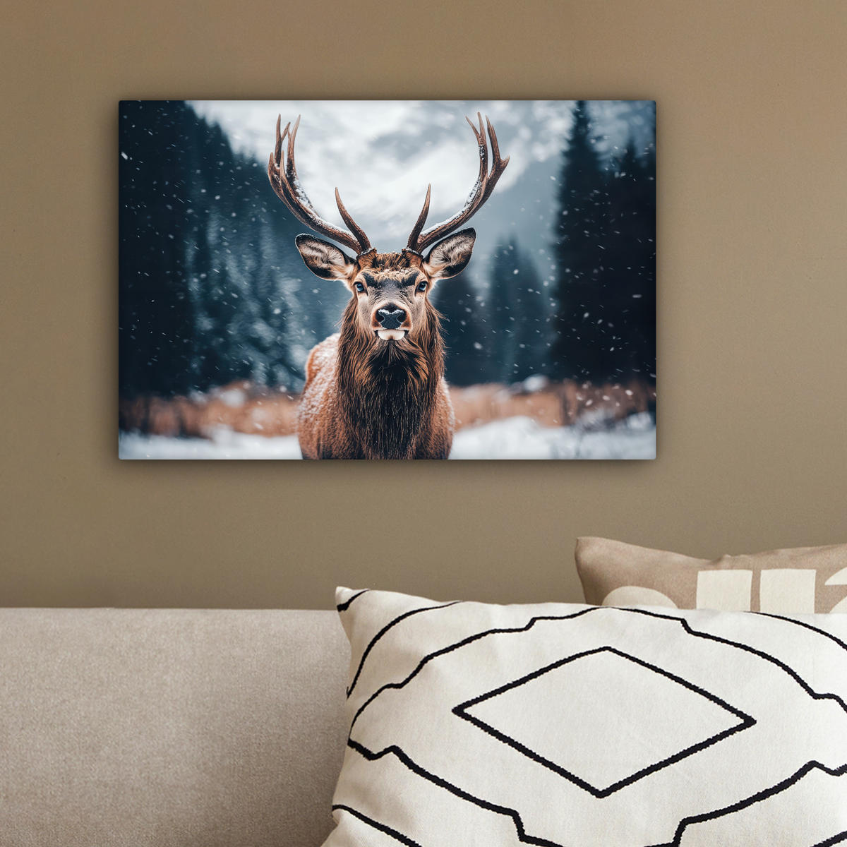 LEINWANDBILD Hirsche - Tiere - Landschaft - Winter - Schnee 30x20 cm - Kastanienfarben, Textil (30/20cm) - MuchoWow