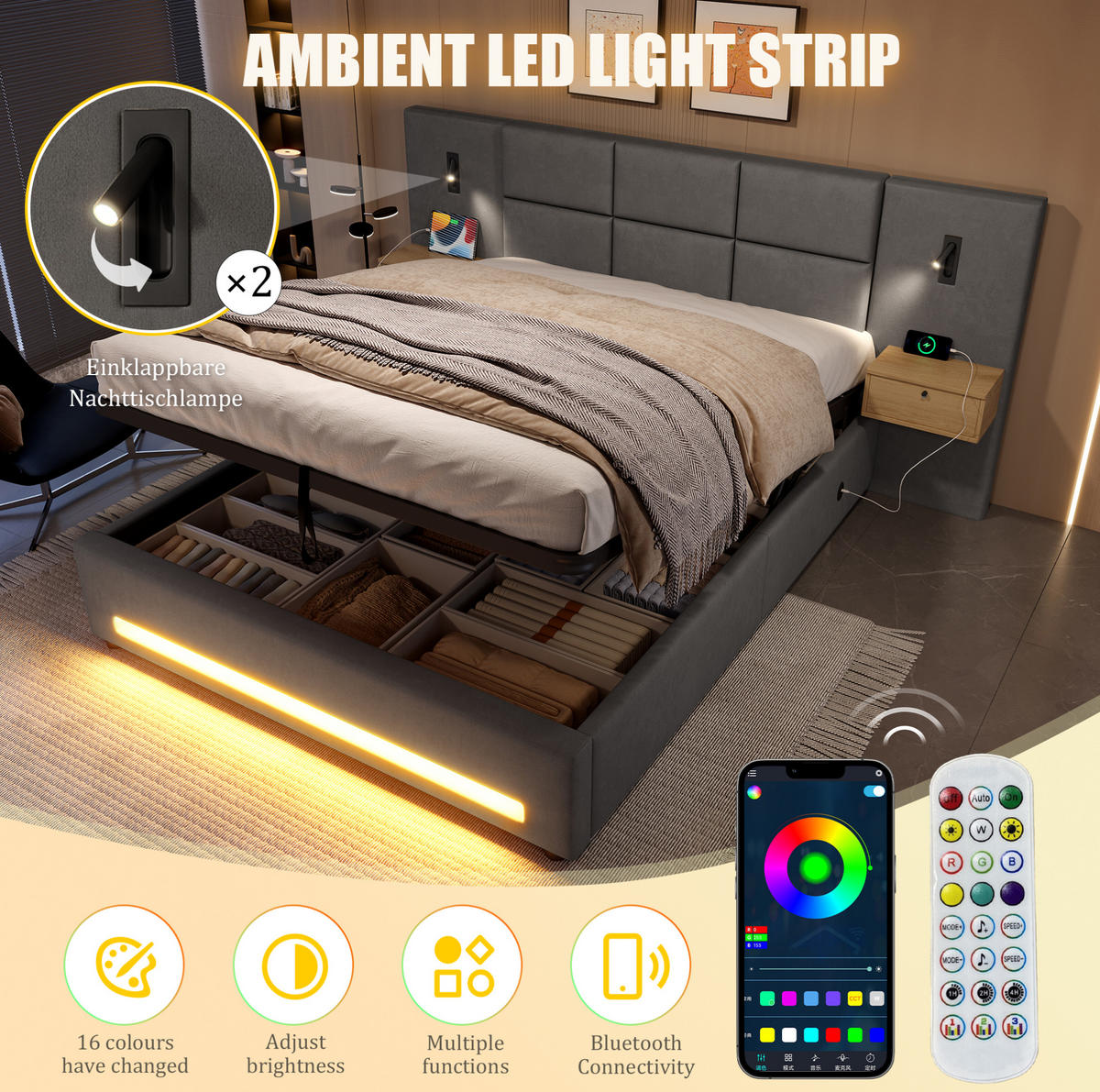 BETT mit Stauraum 180x200 cm Samt Dunkelgrau mit USB-C und LED - Dunkelgrau, Metall (180/200cm) - Meubliv