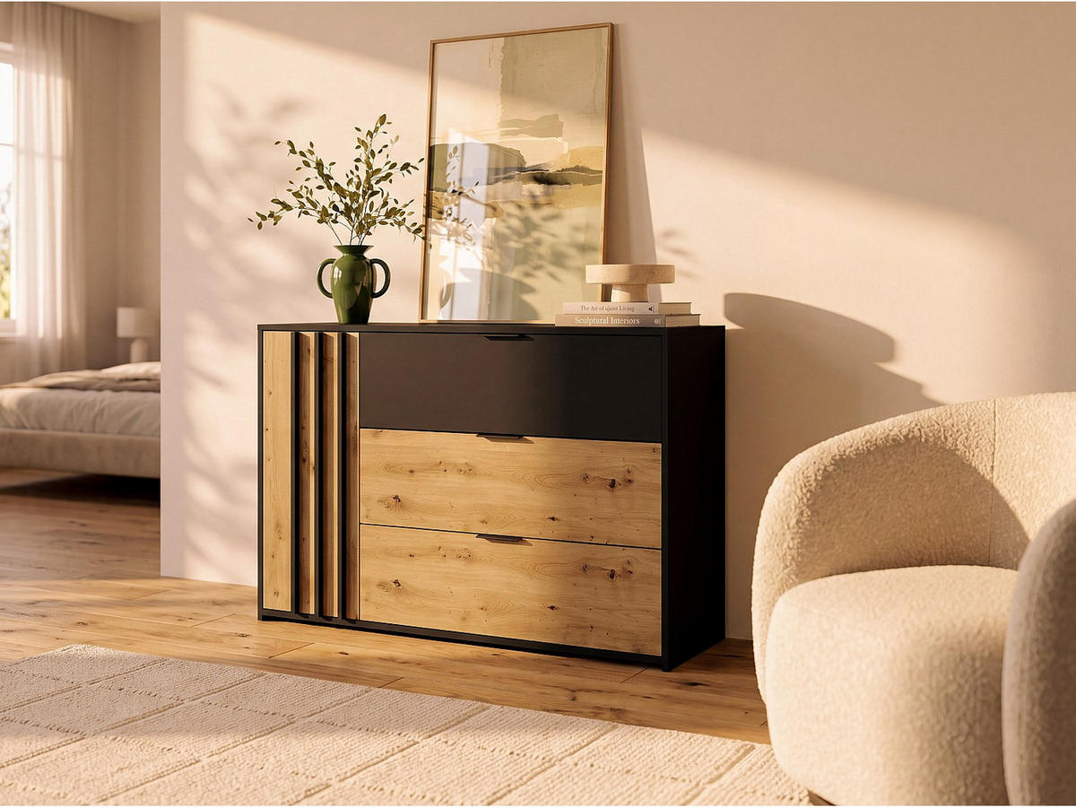 KOMMODE - 125 cm x 36.5 cm - holz - schwarz, naturfarben hell Tunalo - Schwarz/Naturfarben, Holz (125/79.7/36cm) - Vente-Unique