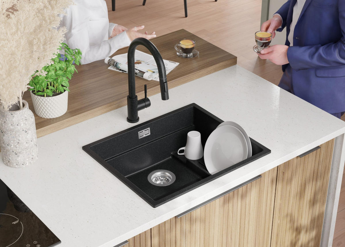 SPÜLBECKEN Praga Slim, 2-er set Anthrazit 56/47 cm 1 Becken + Ablauf-Set + Aufrollbare Abtropffläche ab 60er Unterschrank - Chromfarben/Anthrazit, Kunststoff (56/20/47cm) - Primagran