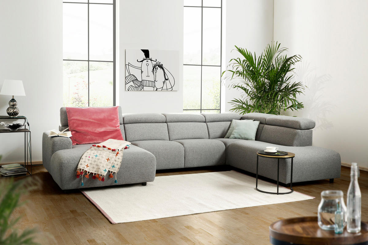 WOHNLANDSCHAFT RISO Grau Webstoff - Schwarz/Grau, Textil (331/81/240cm) - KAWOLA