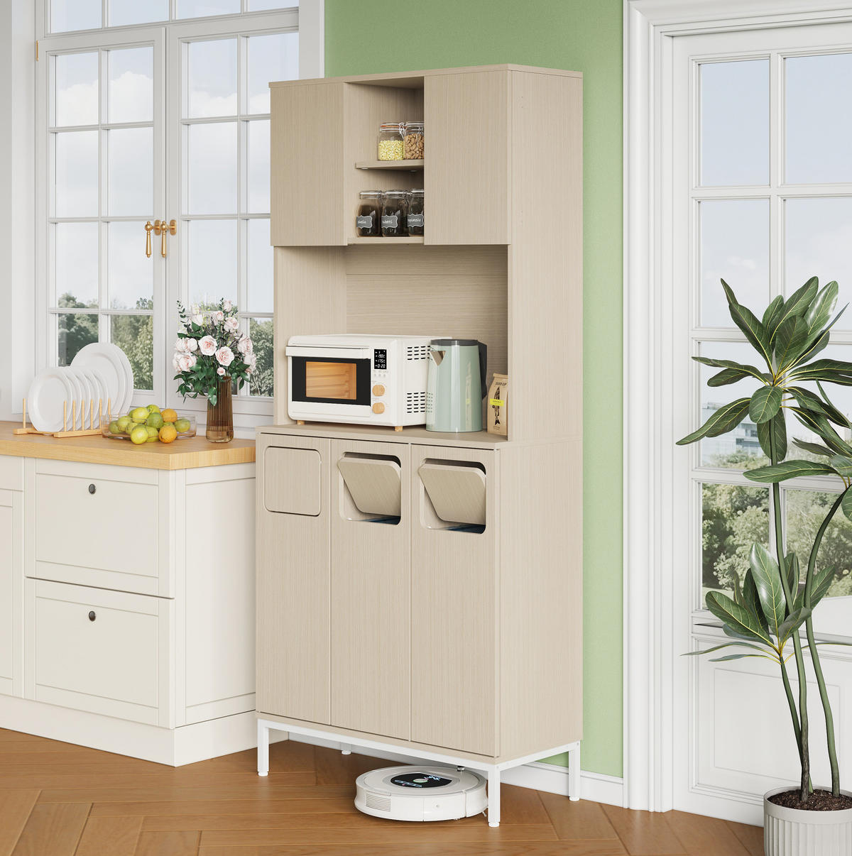 BUFFET 80/35/181 cm Weiß aus MDF mit Mikrowellenfach - Weiß, Holzwerkstoff (80/181/35cm) - OKWISH