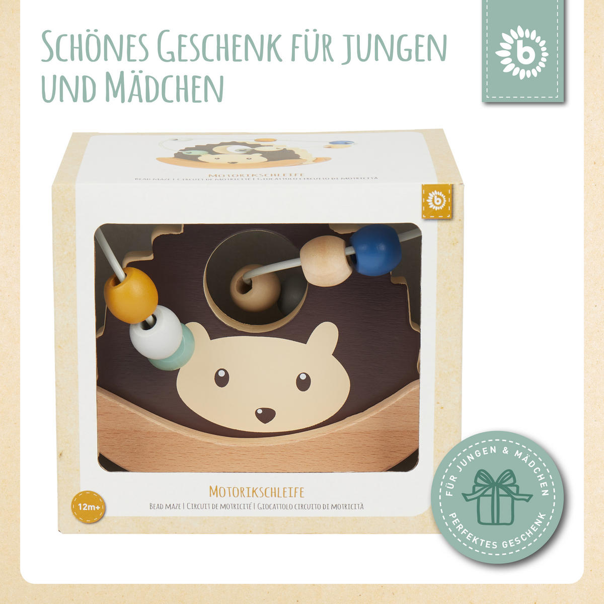 MOTORIKSCHLEIFE Igel mit Wippe - ab 12 M - Multicolor, Holz (8/14.5cm) - Bieco Spielwaren