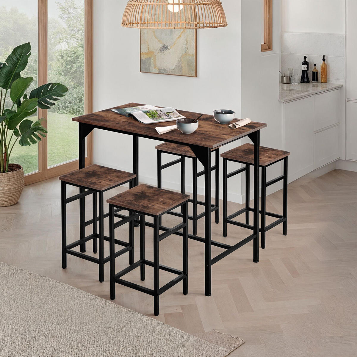 BARTISCH-SET Edinburgh,mit höhenverstellbaren Kunststofffüßen,Industrial Holz dunkel, rustikal - Rostfarben, Holz (124/88.5/100cm) - tectake