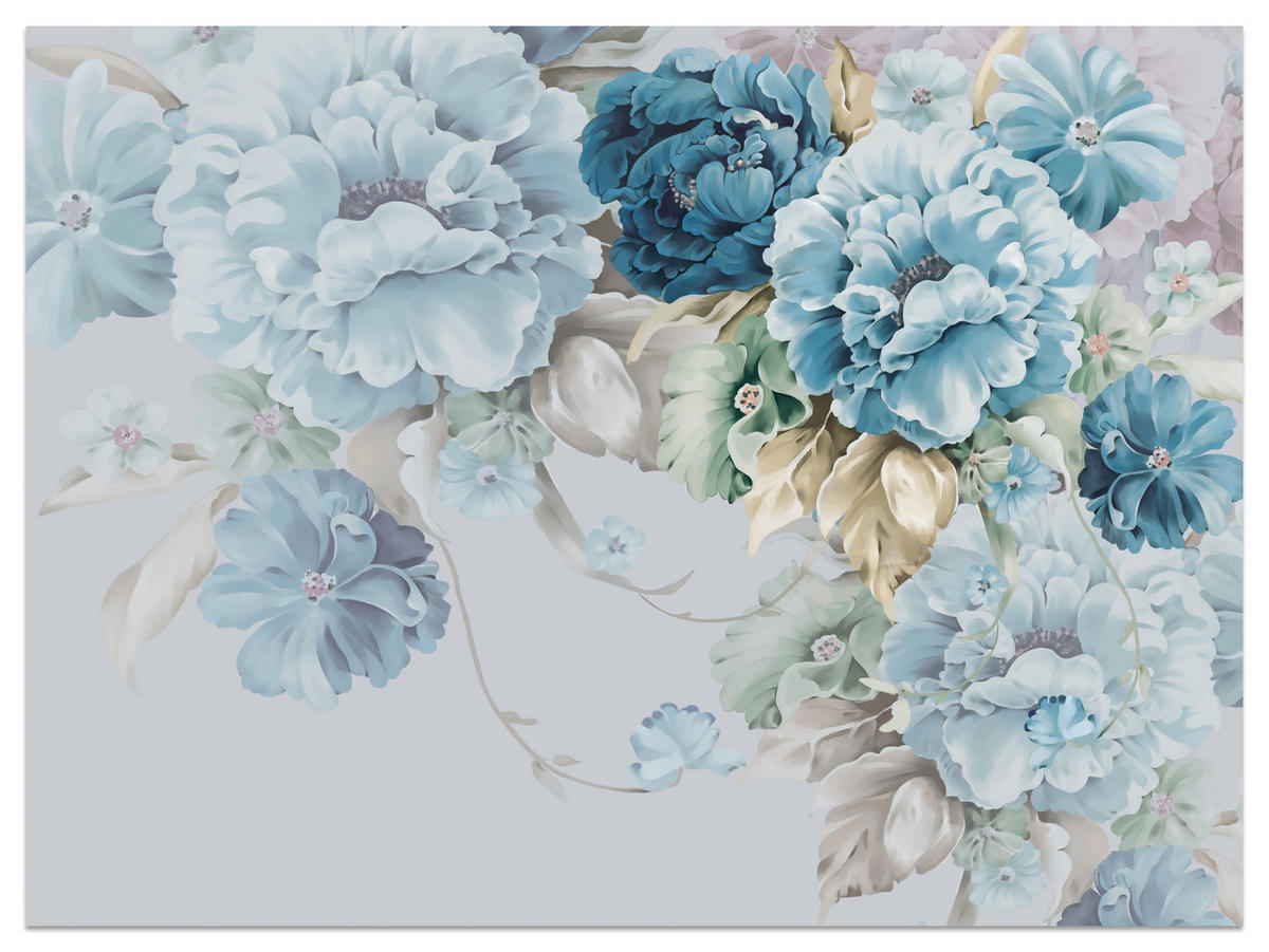 FOTOTAPETE für Schlafzimmer Blaue Pfingstrosen Zart Blumen Boho 450x315 - Blau/Gelb, Papier (450/315cm) - Muralo