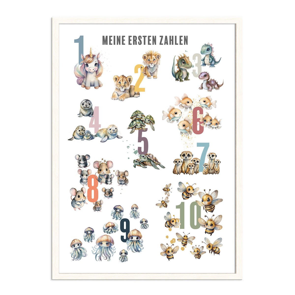 POSTER mit Rahmen 50x70 cm Zahlen Kinderzimmer pastell - Gelb, Holz (51/71/2cm) - artissimo