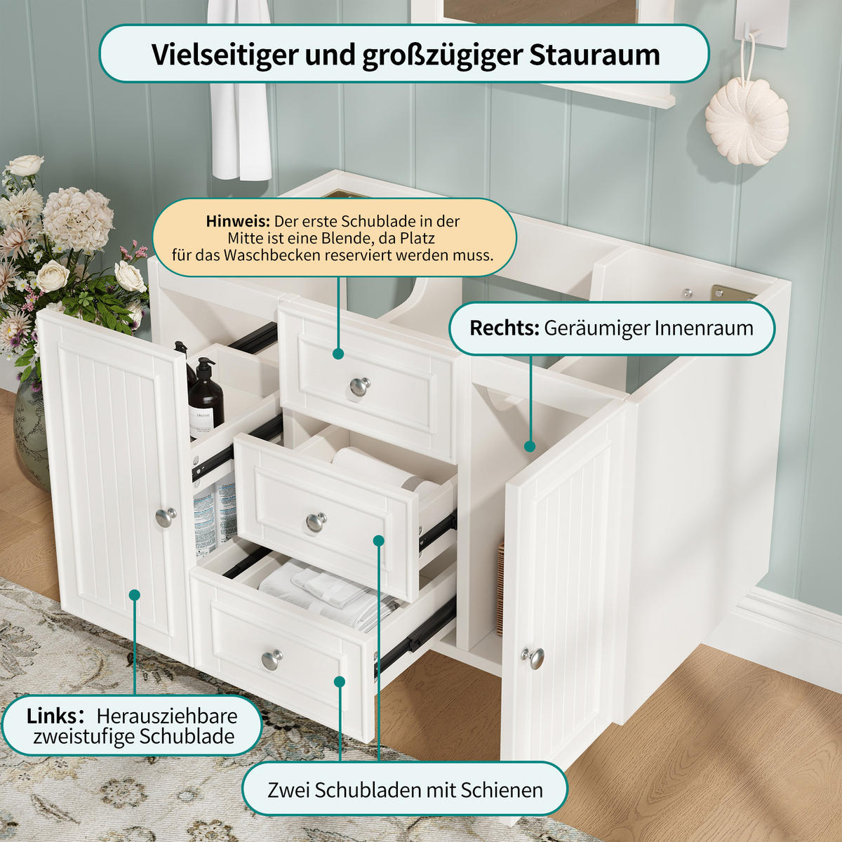WASCHTISCH 78.5x46x46.8cm Weiß Mit 3 Schubladen - Weiß, Holzwerkstoff (46/46.8/78.5cm) - FLIEKS