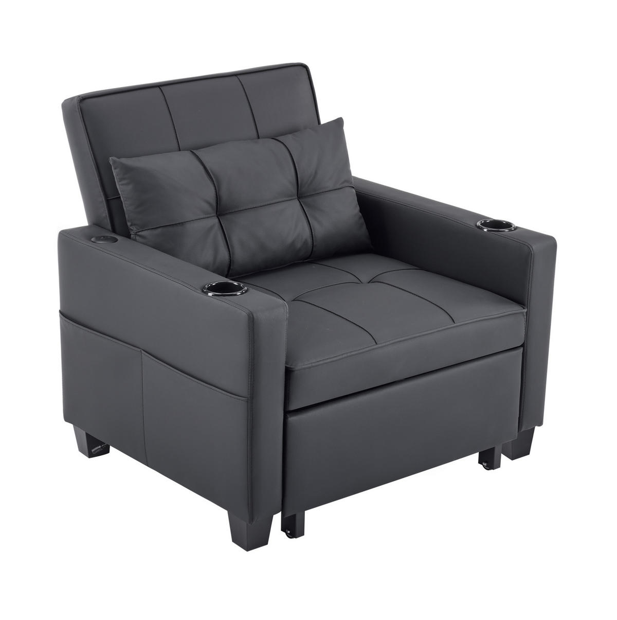 SCHLAFSESSEL aus Holz und Metall Schwarz 3-in-1 mit verstellbarer Rückenlehne, USB-Anschluss und Getränkehaltern - Schwarz, Holz (87/84/74cm) - Modfu