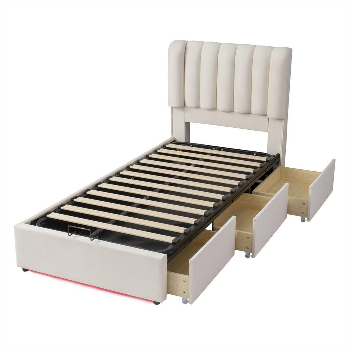 POLSTERBETT 90x200 cm mit hydraulischem Stauraum - 3 Schubladen & LED-Beleuchtung - Beige - ohne Matratze - Beige, Textil (90/200cm) - DELFA