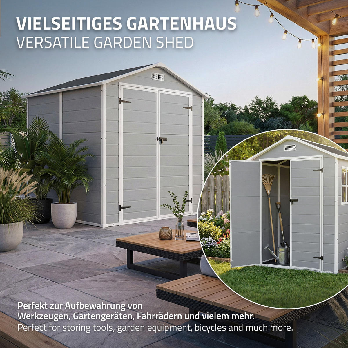 ZAHRADNÍ DOMEK z plastu s podlahou 5 m³ 151 x 182 x 220 cm světle šedý - světle šedá, plast (182/220/151cm) - ECD-Germany