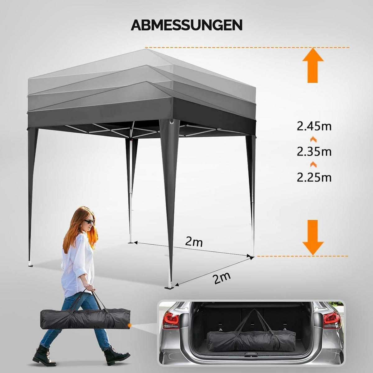 FALTPAVILLON 2 x 2 m Grau mit 4 Seitenteilen - Schwarz, Metall (200/245/200cm)