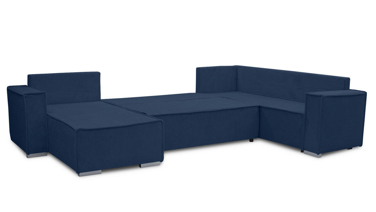 WOHNLANDSCHAFT Lovere U Blau 314/217/90 cm – mit Schlaffunktion und Bettkasten - Blau/Silberfarben, Textil/Metall (314/90/217cm) - AX Living