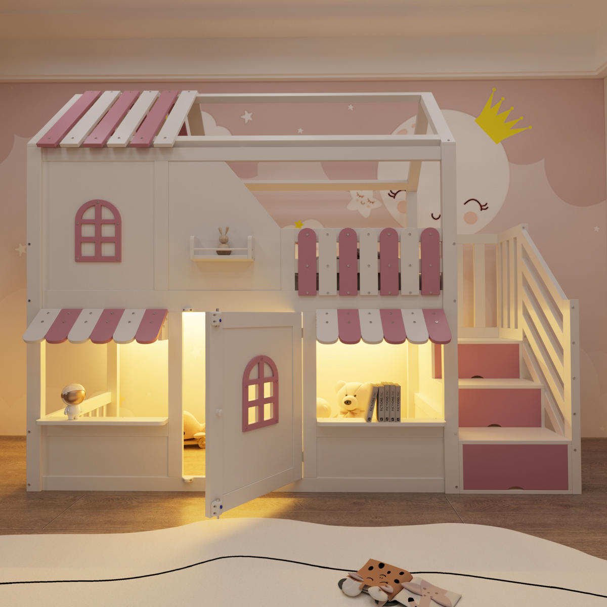 ETAGENBETT 90x200cm Kinderbett Hausdesign Fenster LED Rosa Weiß - Pink, Holz (90/200cm) - FLIEKS