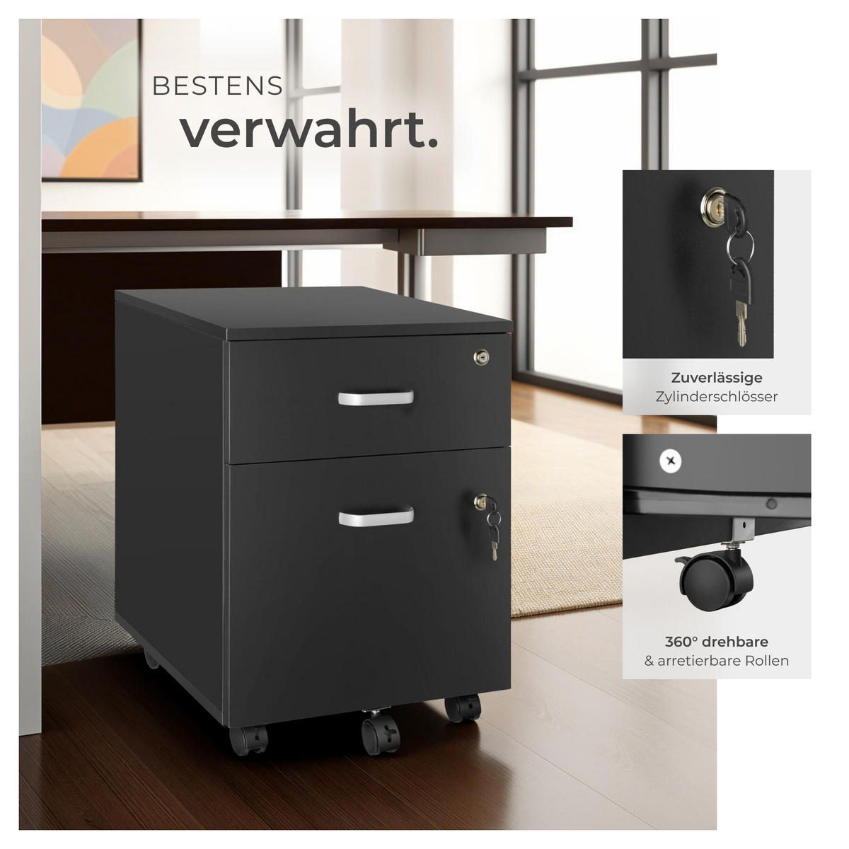 ROLLCONTAINER Vagur,40 x 44 x 54,5 cm,schwarz - Schwarz, Holzwerkstoff (40/54.5/46cm) - tectake