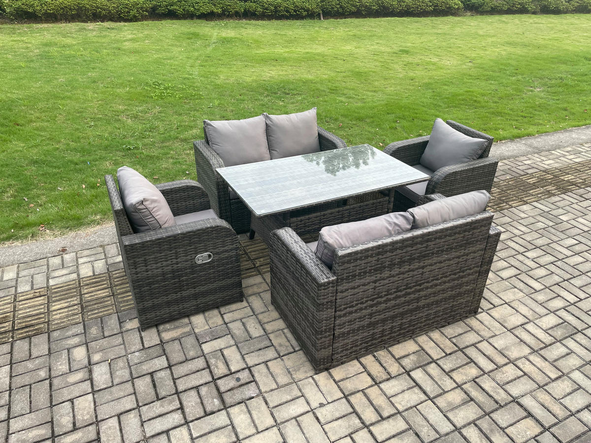 GARTENGARNITUR mit Liegestuhl,Zweisitzer,Polyrattan Dunkelgrau 6-Sitzer - Dunkelgrau/Grau, Glas/Kunststoff - Fimous