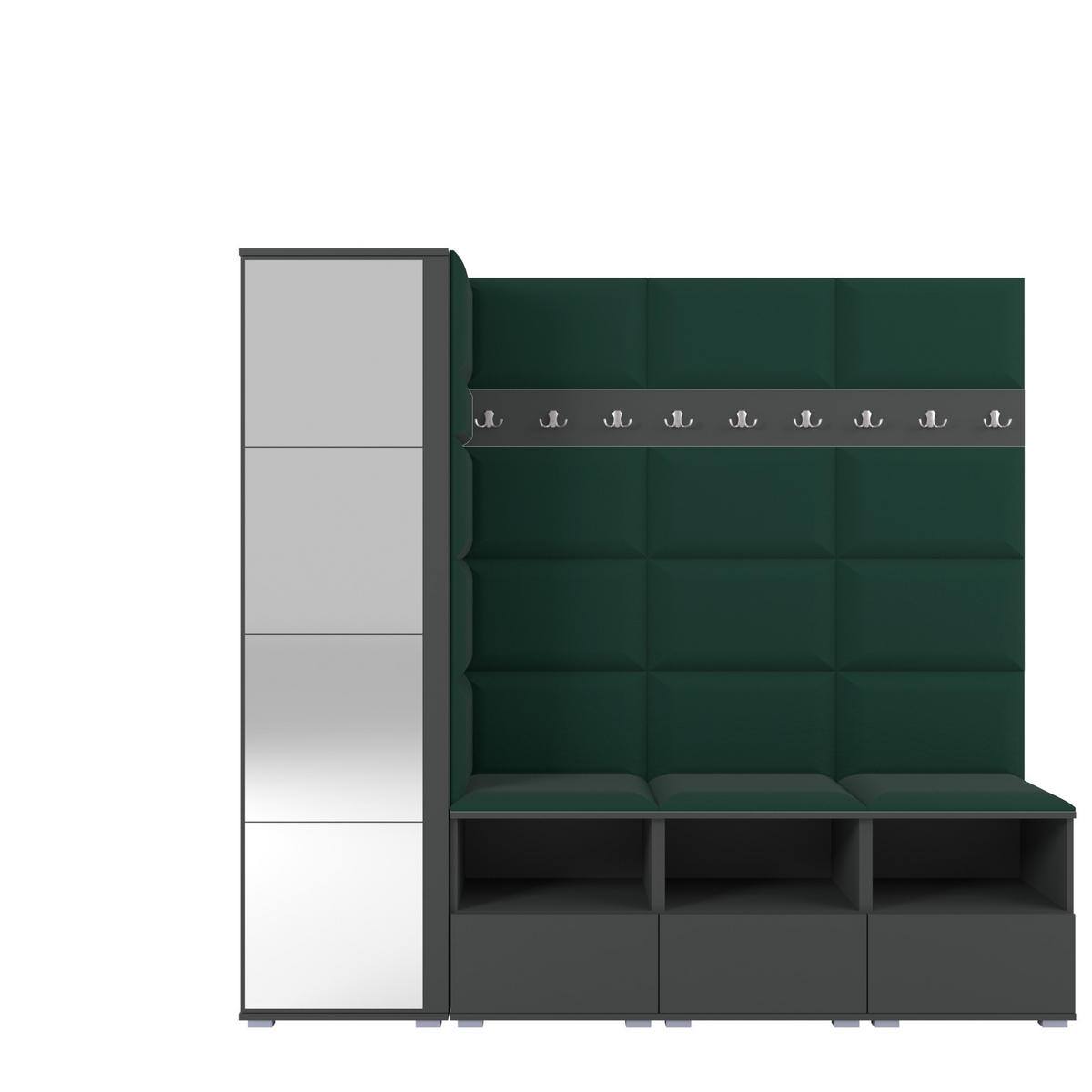 GARDEROBE NELA IX 200 cm (Modulare Flurmöbel Graphit mit Spiegel & Sitzpolster Flaschengrün 28 Breite Sitzbank) - Dunkelgrün/Silberfarben, Holz/Holzwerkstoff (200/187/40cm) - Ravio