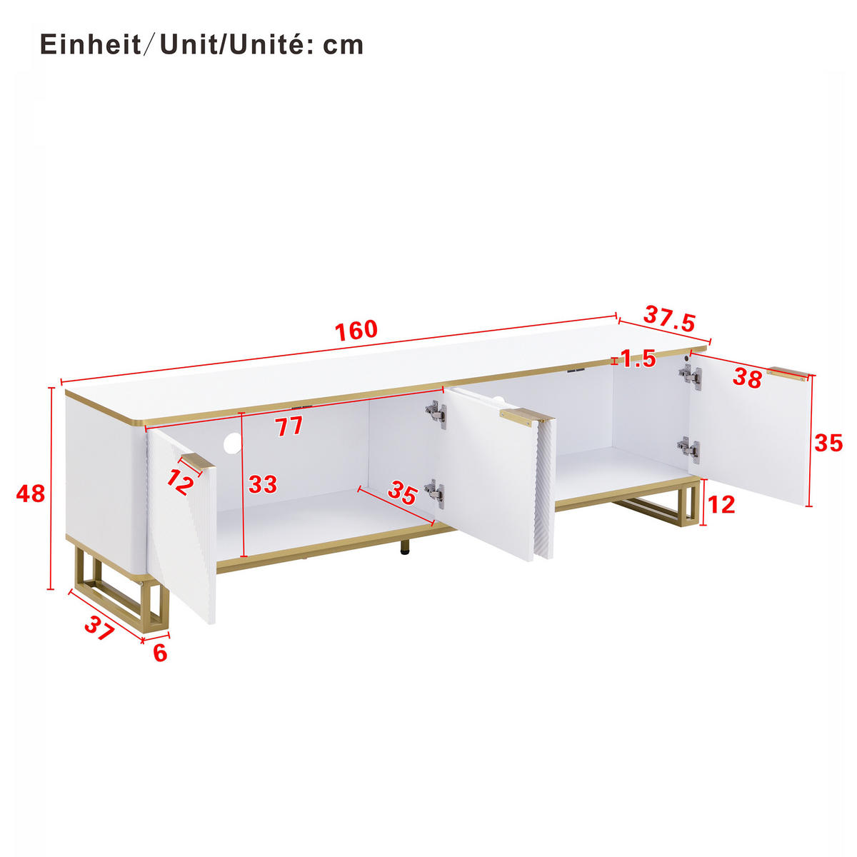 LOWBOARD in Weiß und Gold TV-Schrank mit vier Türen für Wohnzimmer, B160/T37.5/H48 cm - Goldfarben/Weiß, Holzwerkstoff/Metall (160/48/37.5cm) - STILVORA