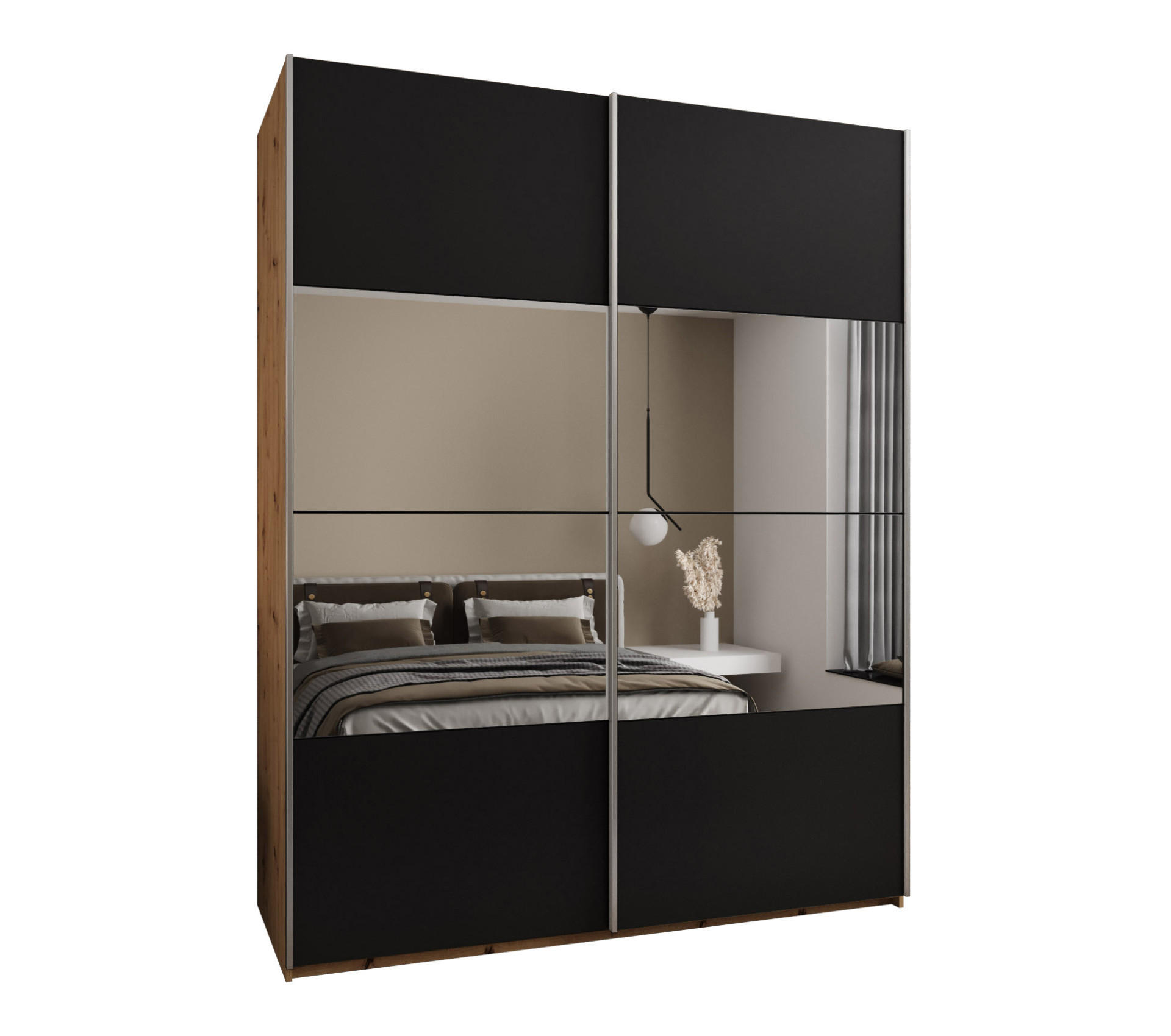 Abiks Möbel Schwebetürenschrank Eiche Artisan, Schwarz, Silber 200x245x64 cm