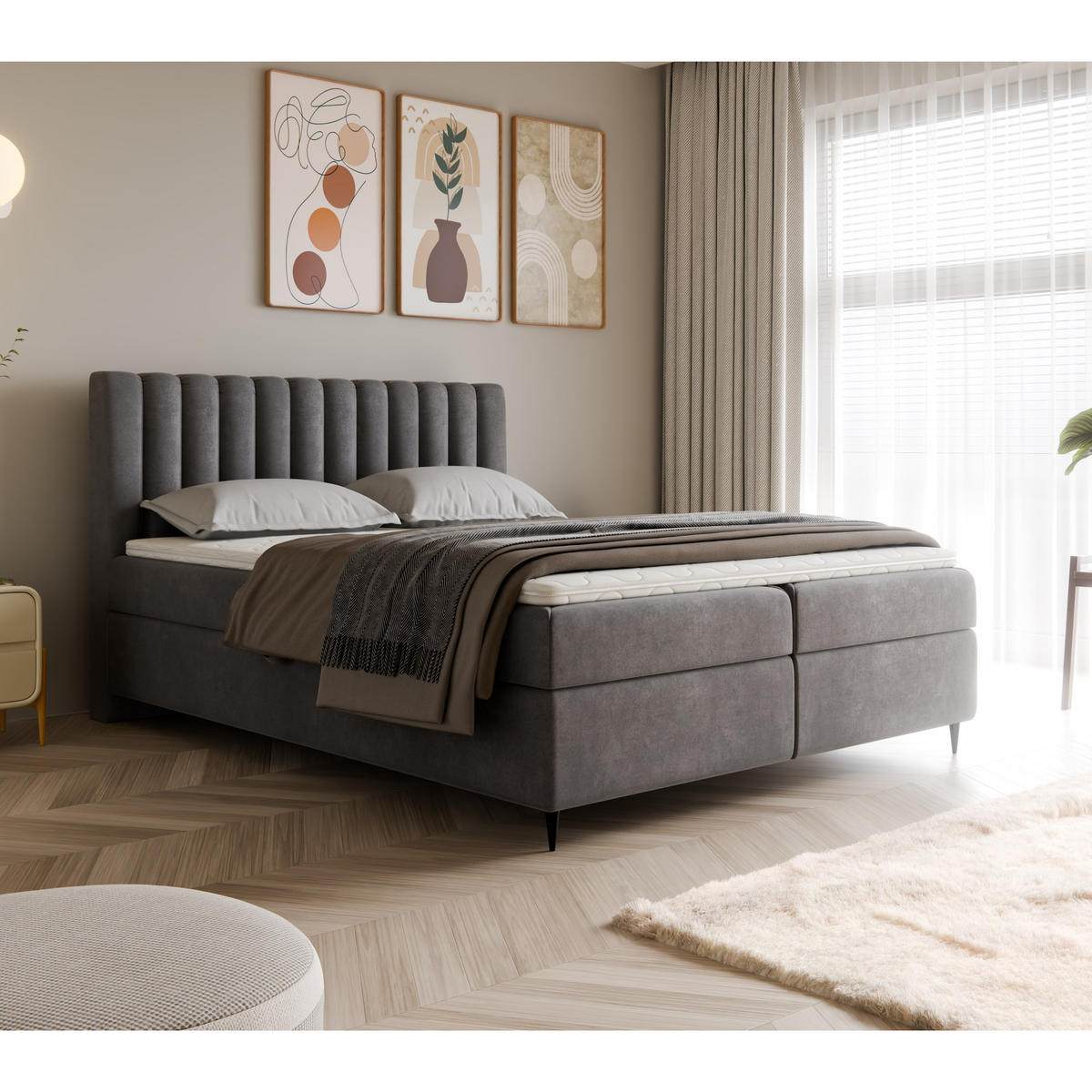 BOXBETT LUX II, 180x200 cm, Dunkelgrau, inkl. 2 Bettkästen und Topper - Dunkelgrau, Textil (180/200cm) - Excellent Home