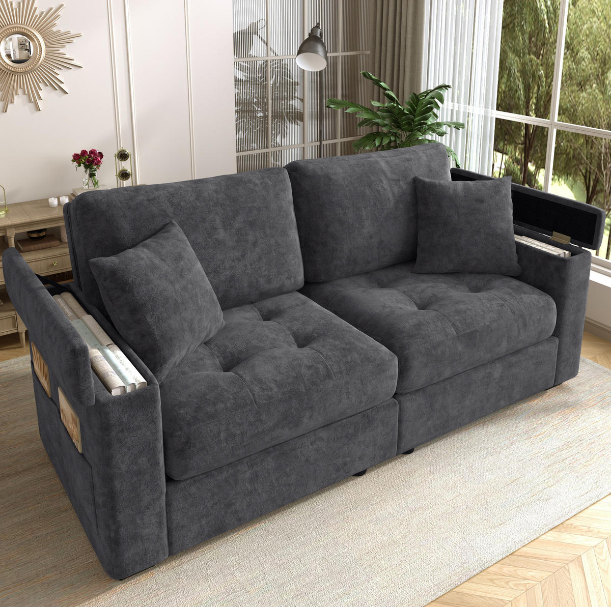 SOFA 2-Sitzer mit Stauraum Chenille Dunkelgrau - Dunkelgrau, Holzwerkstoff (180/84/81.5cm) - Meubliv
