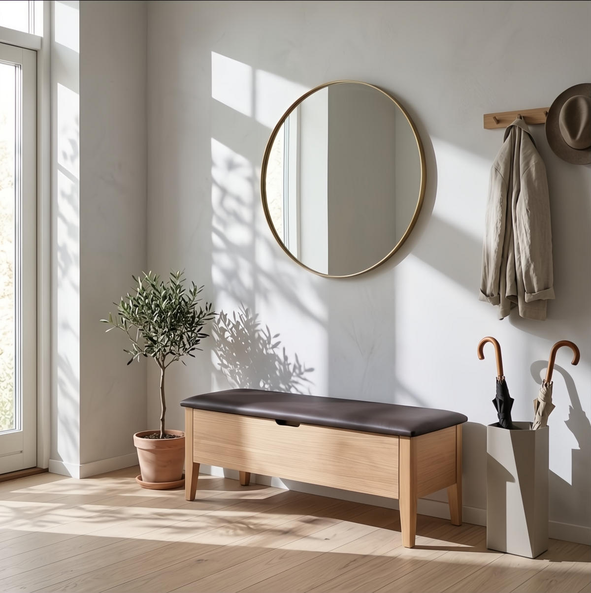 SITZBANK Oslo 110 cm, Eiche Natur, Leder Braun - Beige, Holz (110/43/43cm) - WOODEK